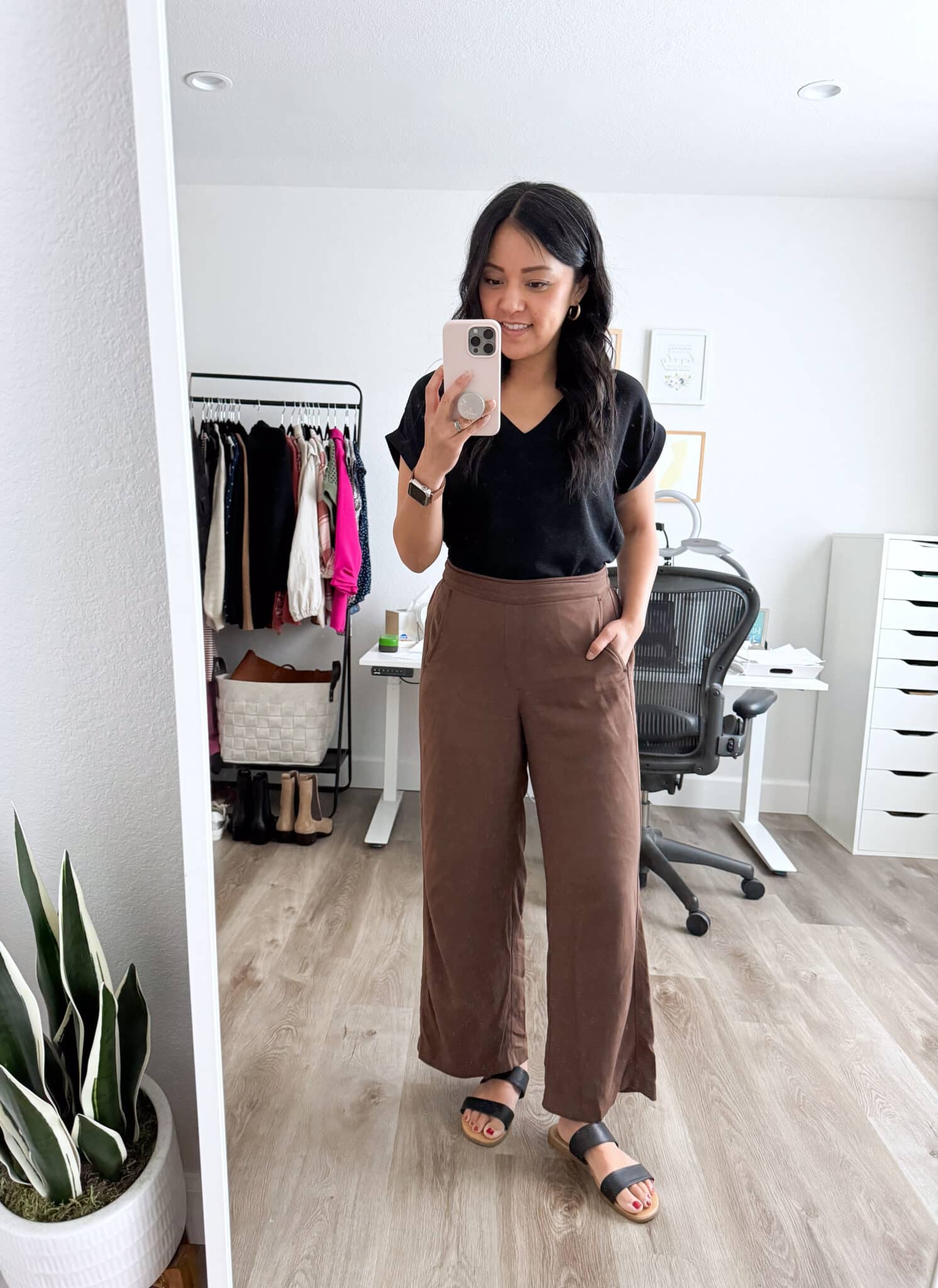 My BEST Pants Recommendations for Spring & Summer + best pants for spring & summer + My BEST Pants for Spring & Summer That You'll Want to Live In + putting me together + versatile black shirt + soft comfortable lightweight pants + black sandals + gold hoops 