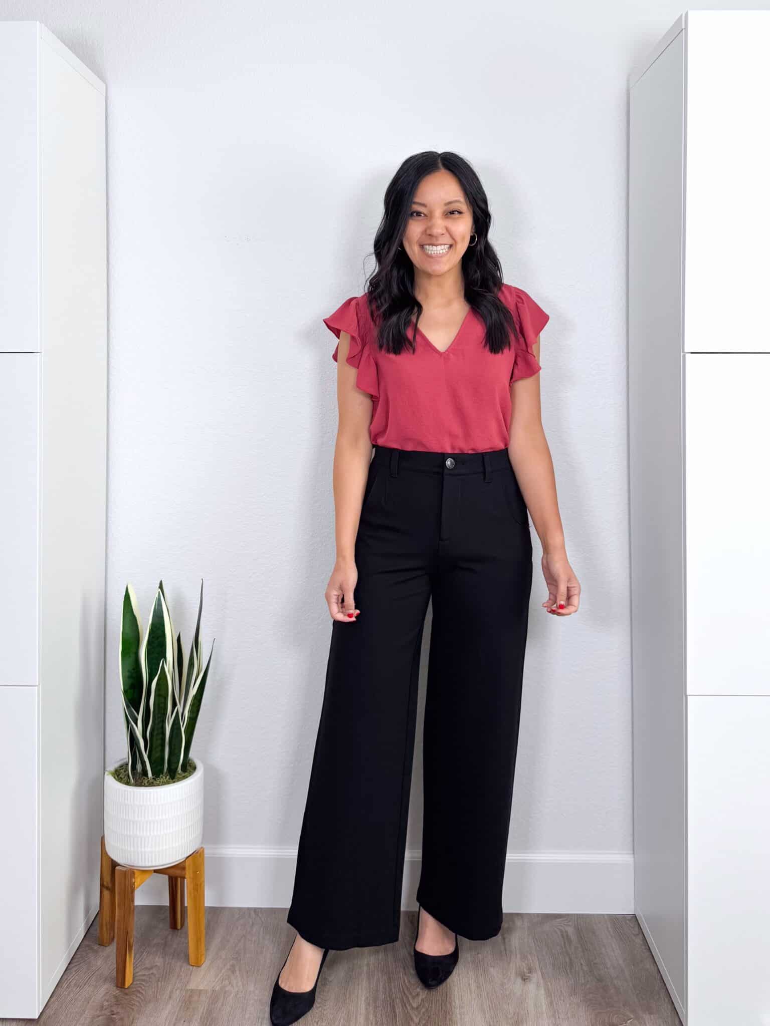 My BEST Pants Recommendations for Spring & Summer + best pants for spring & summer + My BEST Pants for Spring & Summer That You'll Want to Live In + putting me together + versatile pink top + comfortable black pants + black heels + gold earrings