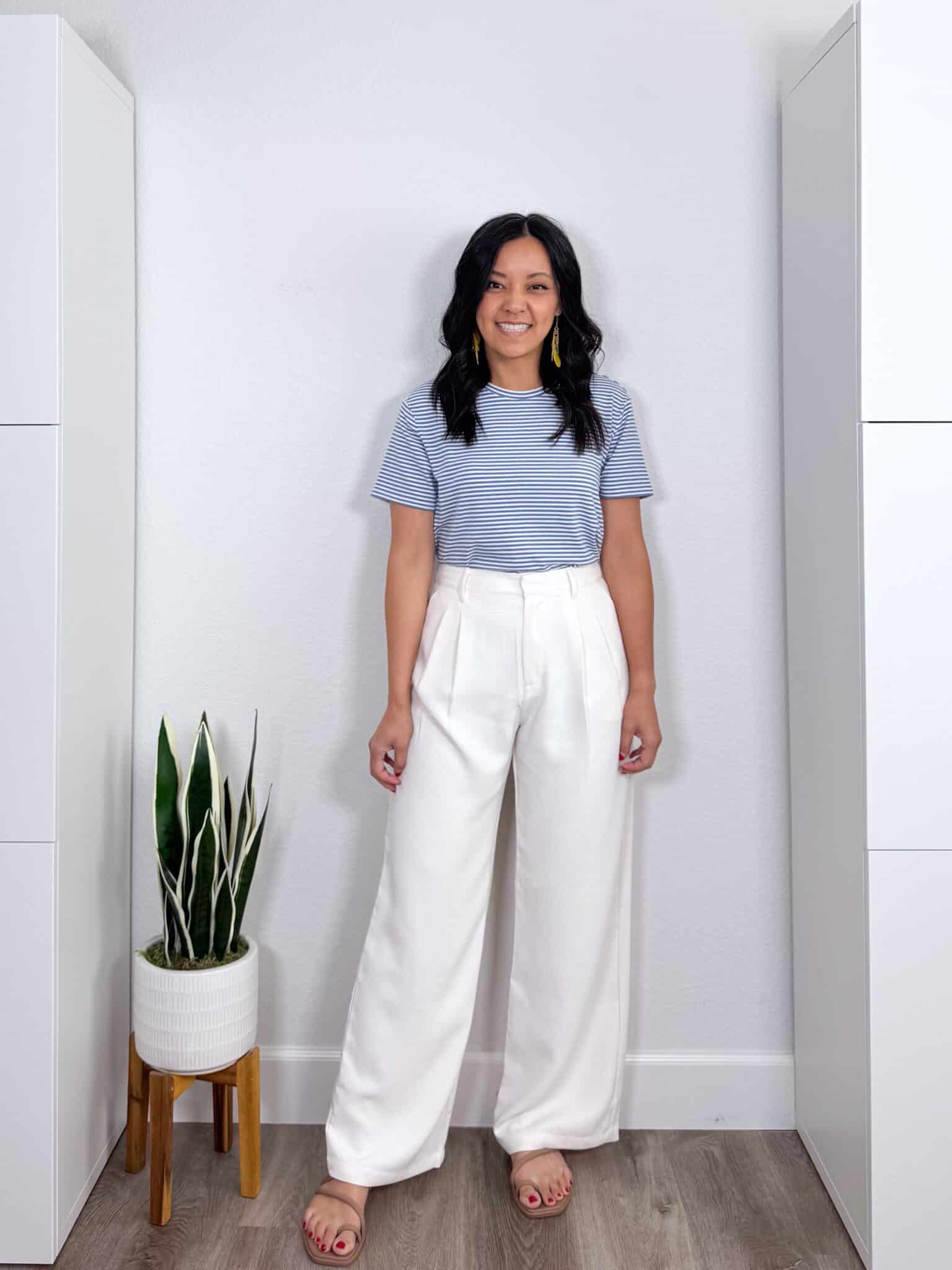 Elevated Casual Spring Tops That Make Getting Dressed Easier + elevated casual spring tops + putting me together + blue and white striped t-shirt + comfortable white trouser pants + comfortable sandals