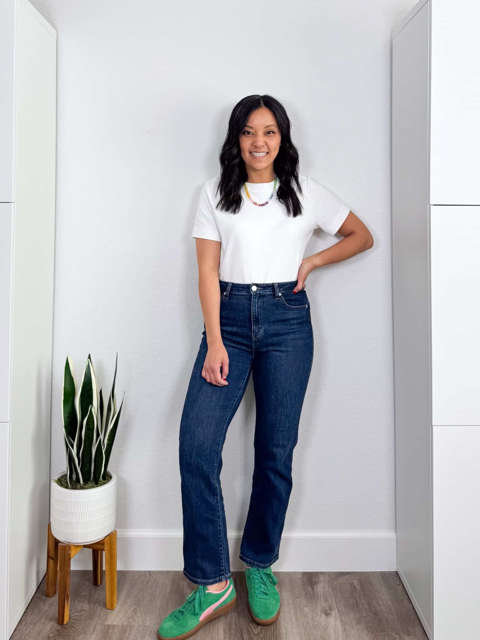 Spring Shoes for Easy Styling All Season Long + spring shoes for 2026 + shoes for spring + putting me together + white t-shirt + comfortable straight leg jeans + green sneakers + colorful bead necklace