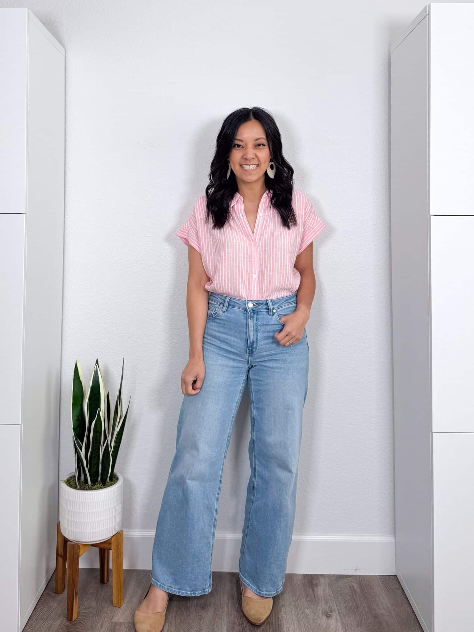 Elevated Casual Spring Tops That Make Getting Dressed Easier + elevated casual spring tops + putting me together + white and pink striped button up shirt + comfortable wide leg jeans + tan flats