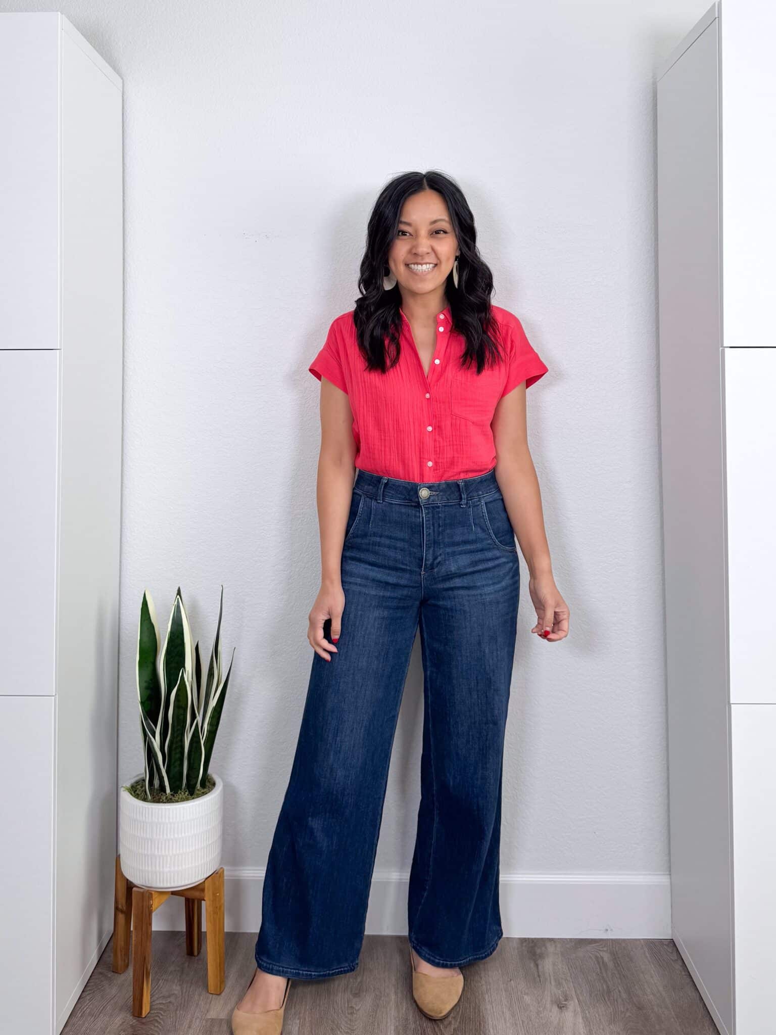 Elevated Casual Spring Tops That Make Getting Dressed Easier + elevated casual spring tops + putting me together + lightweight orange pink red button up shirt + comfortable wide leg jeans + tan flats