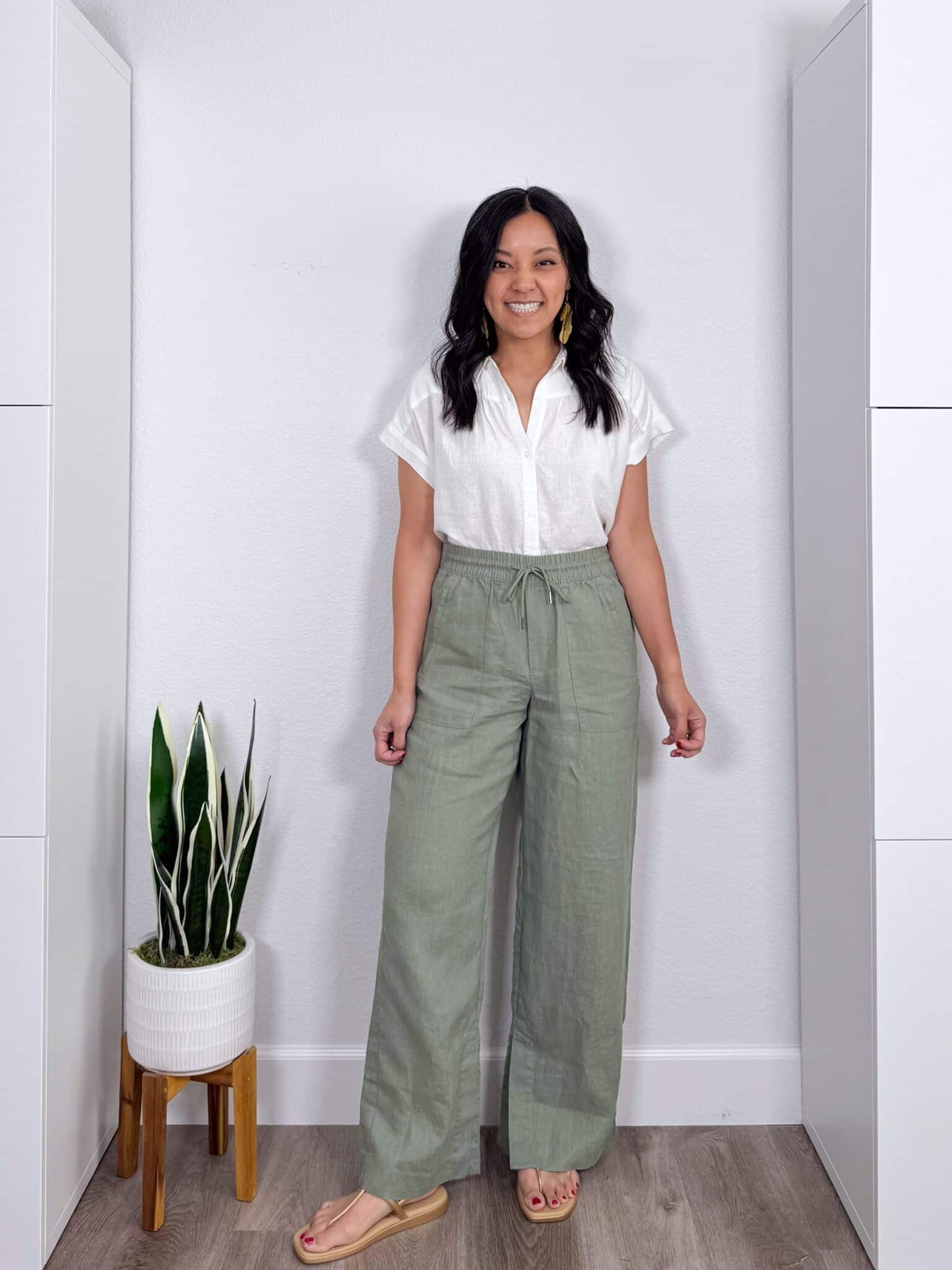 Elevated Casual Spring Tops That Make Getting Dressed Easier + elevated casual spring tops + putting me together + lightweight white button up shirt + comfortable olive green linen pants + versatile gold metallic sandals