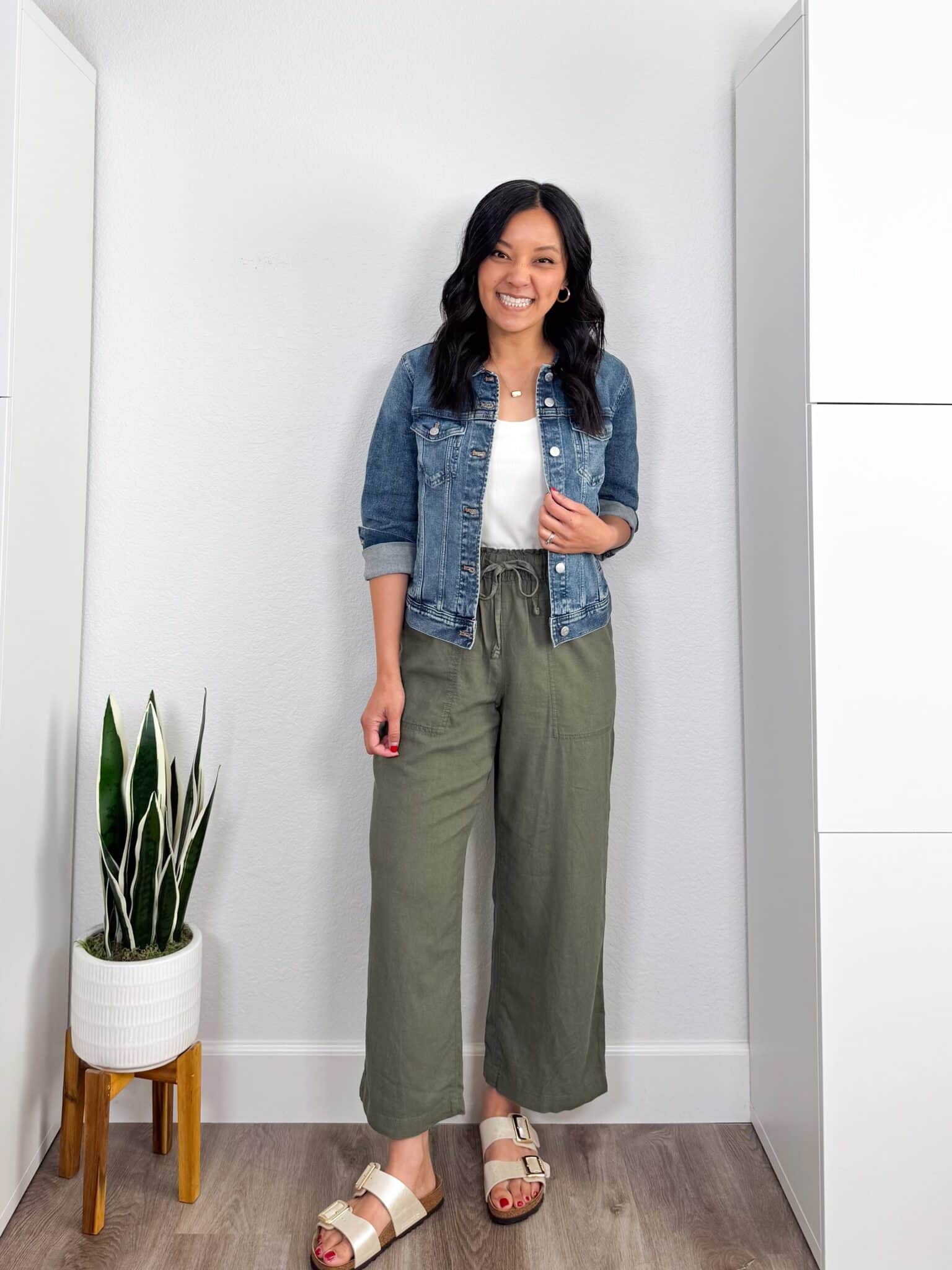  Spring Shoes for Easy Styling All Season Long + spring shoes for 2026 + shoes for spring + putting me together + denim jacket + easy to wear white tank top + lightweight linen olive green pants + metallic birkenstock sandals