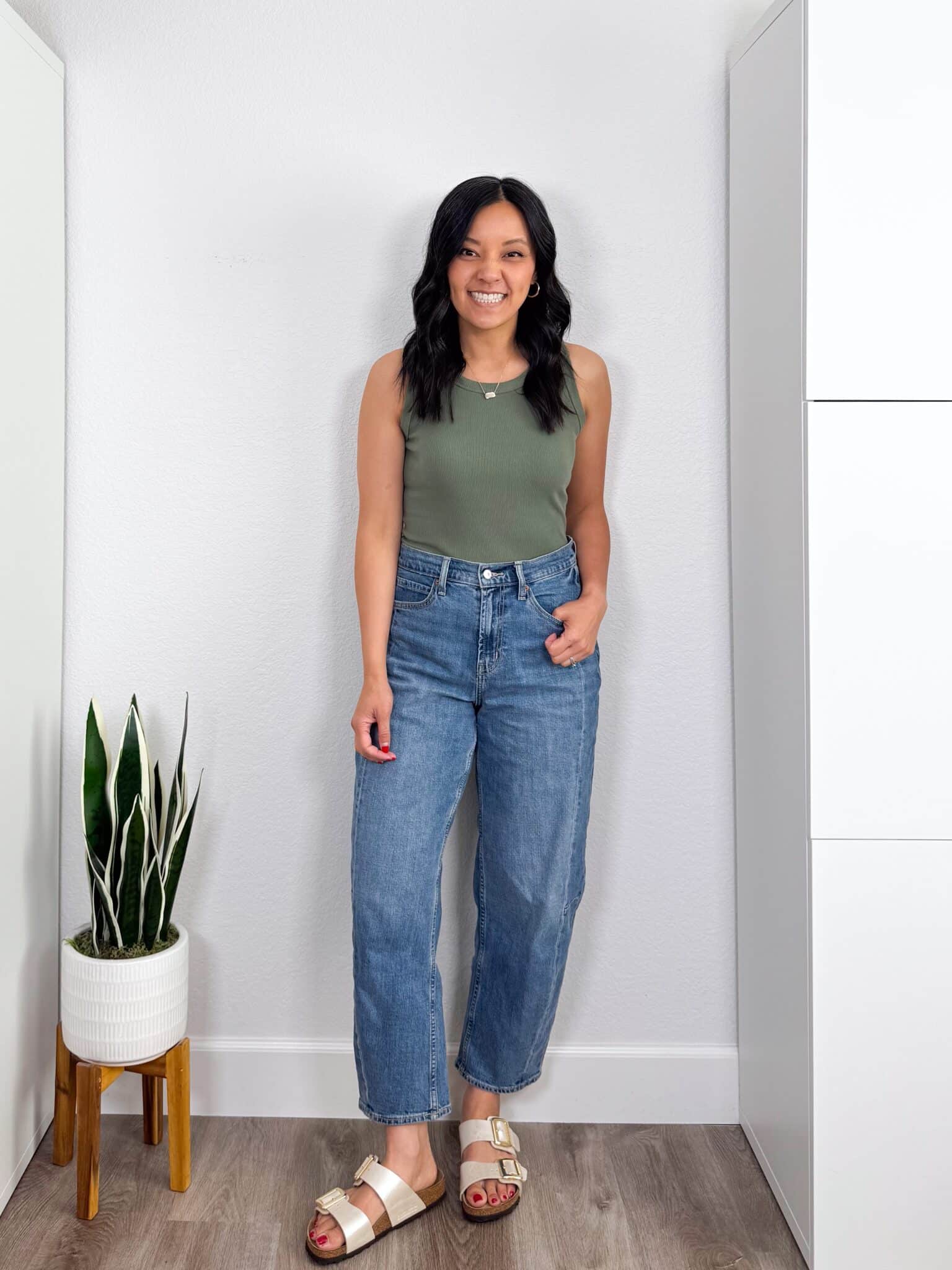  Spring Shoes for Easy Styling All Season Long + spring shoes for 2026 + shoes for spring + putting me together + versatile olive green tank top + barrel leg jeans + metallic birkenstock sandals