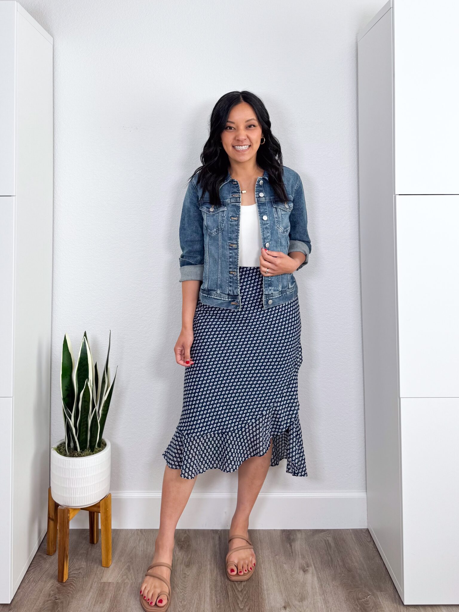 The Best Memorial Day Sale Finds For Easy Summer Outfits + putting me together + memorial day sales + versatile white tank top + easy to wear denim jacket + cute navy and white skirt + water friendly tan sandals + goes with everything necklace