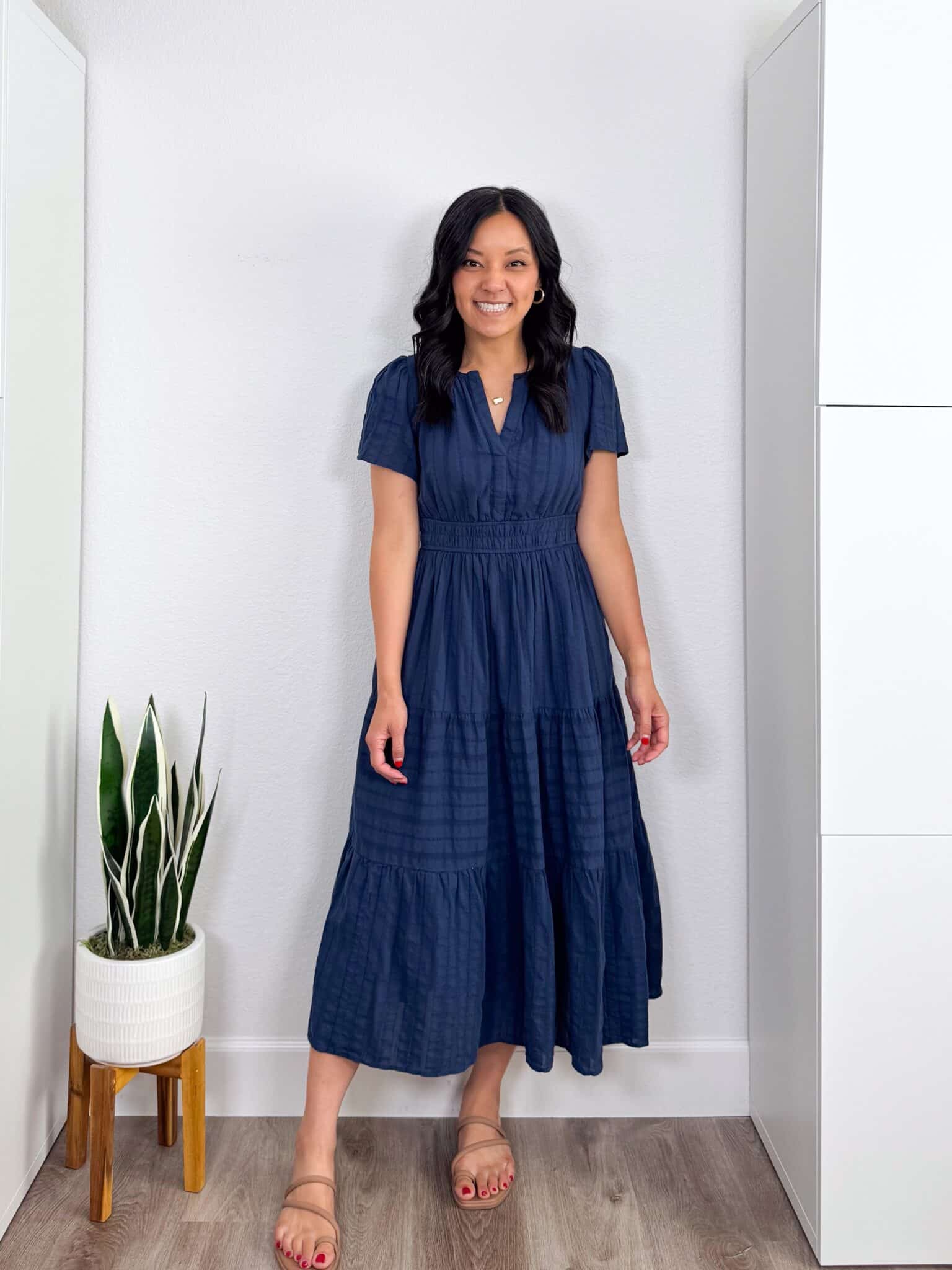 midi dress navy blue Adrianna Papell Three Quarter Bell Sleeve Sheath Midi Dress