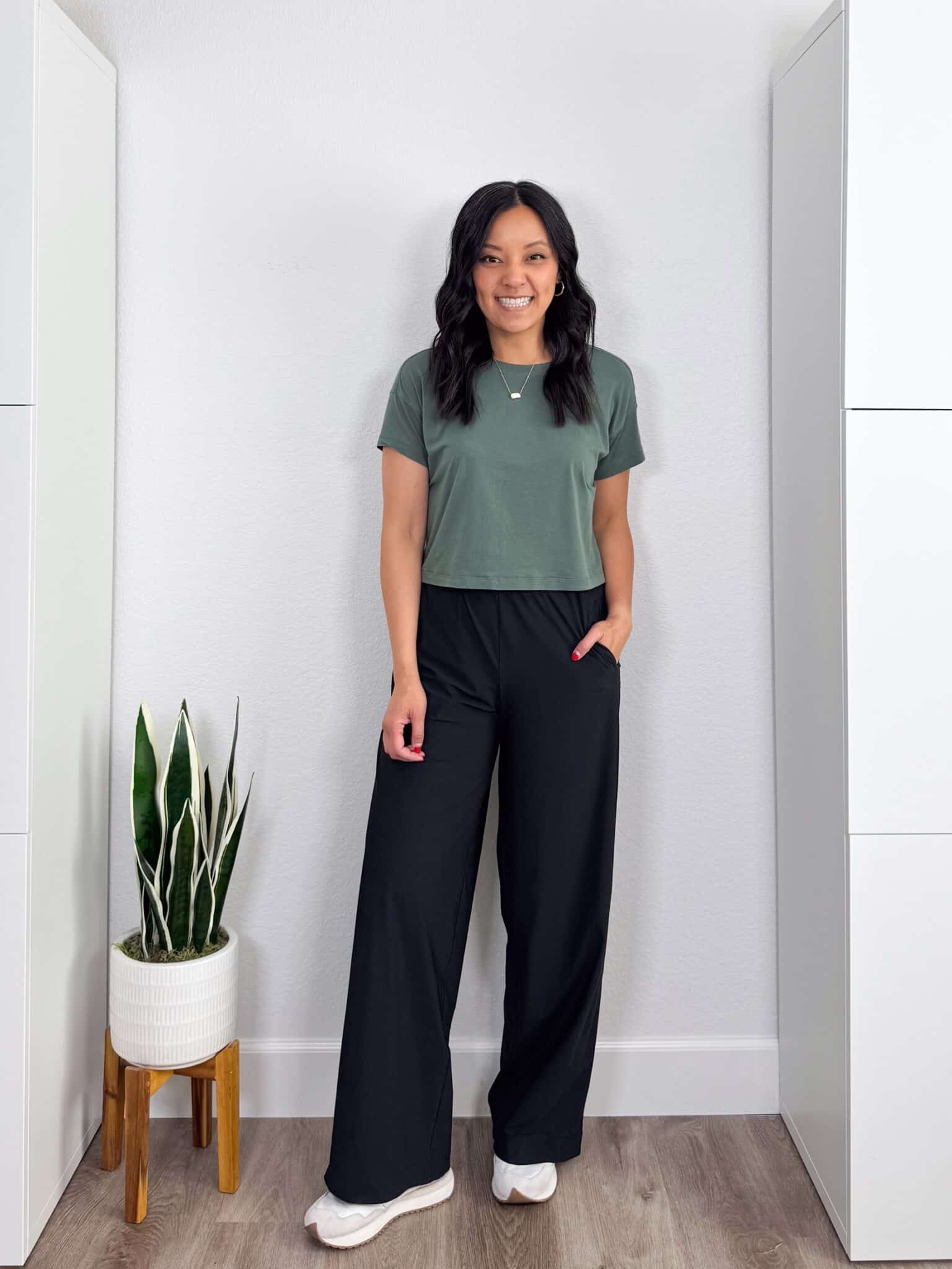  Spring Shoes for Easy Styling All Season Long + spring shoes for 2026 + shoes for spring + putting me together + athleisure outfit with black pants + soft green t-shirt + versatile black pants + comfortable tennis shoes white sneakers