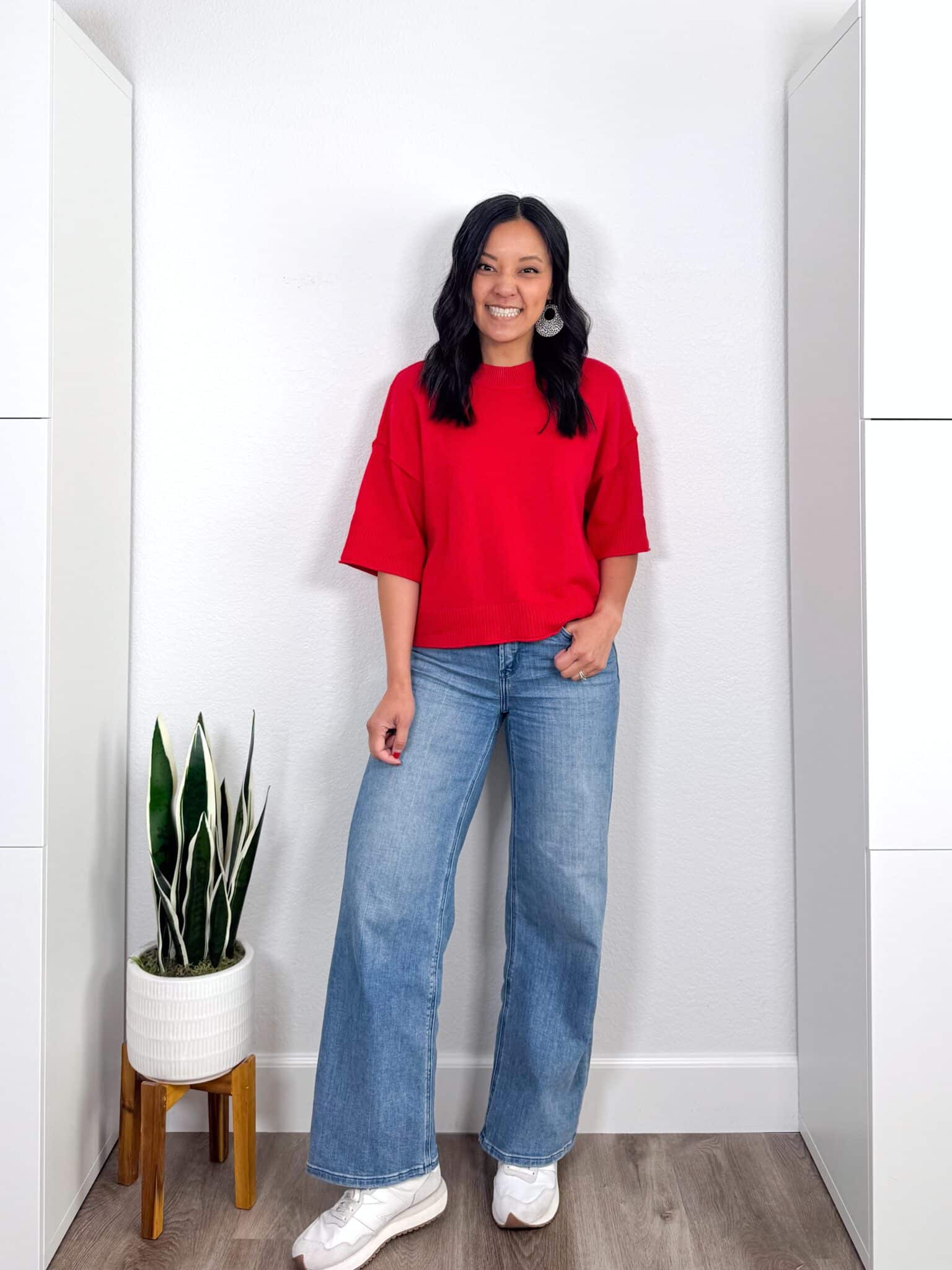 Spring Shoes for Easy Styling All Season Long + spring shoes for 2026 + shoes for spring + putting me together + red short sleeve sweater  + comfortable wide leg jeans + white athletic sneakers