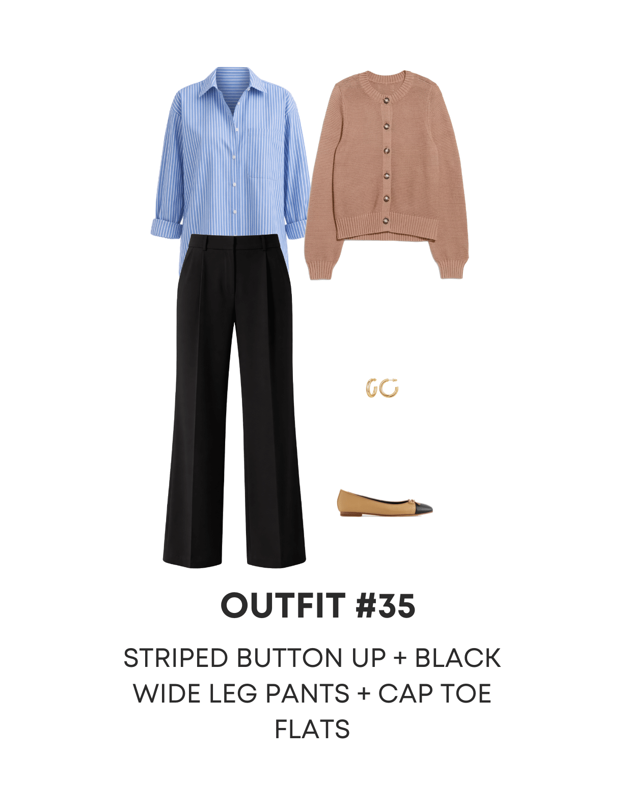 3 Easy Spring Work Outfits You Can Wear This Week + easy spring work outfits + putting me together + versatile striped button up blouse + black pants for work + tan cardigan sweater + tan and black captoe flats