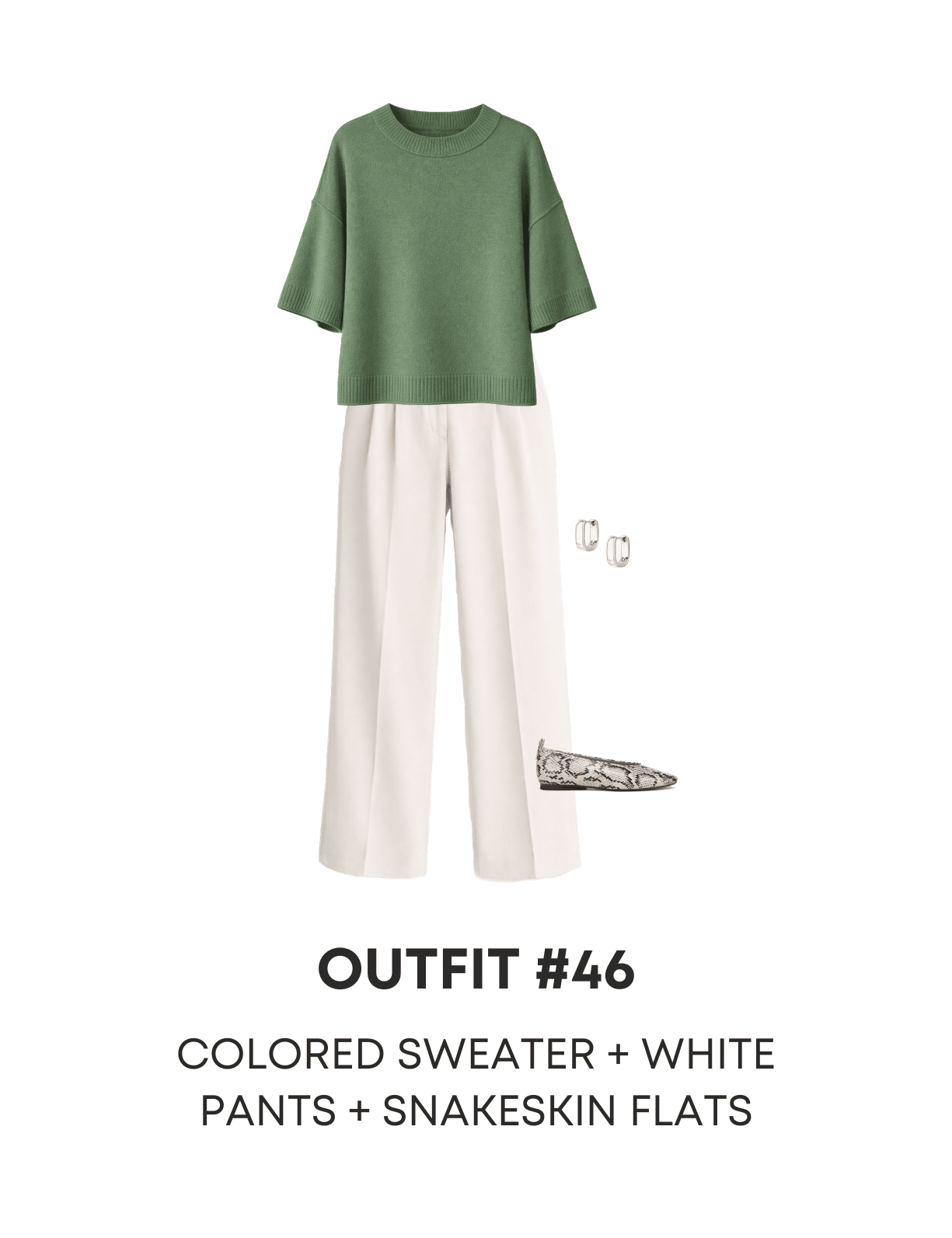 3 Easy Spring Work Outfits You Can Wear This Week + easy spring work outfits + putting me together + soft green short sleeve sweater + white pants + snakeskin flats