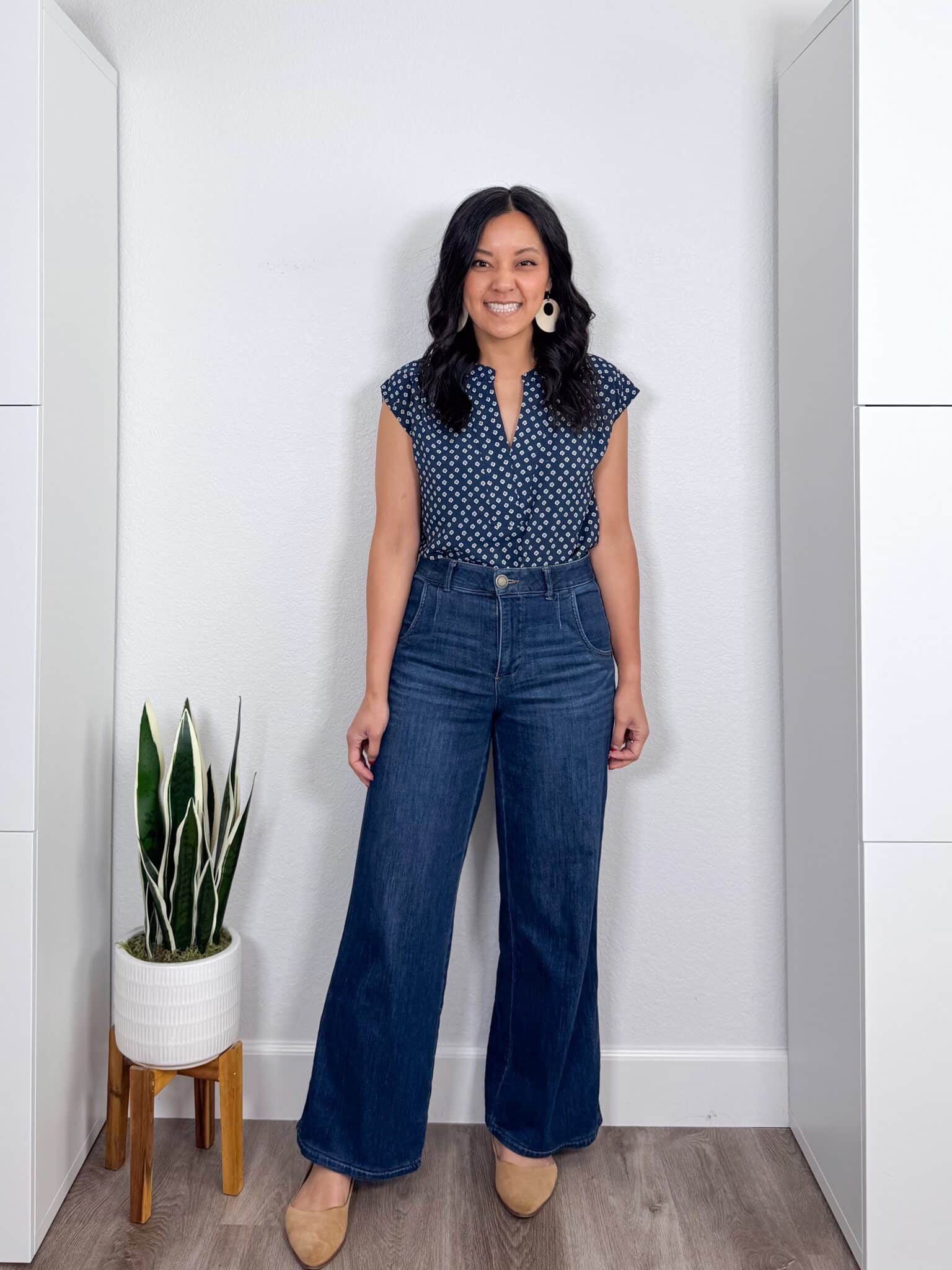 Elevated Casual Spring Tops That Make Getting Dressed Easier + elevated casual spring tops + putting me together + lightweight navy floral print top + comfortable wide leg jeans + tan flats