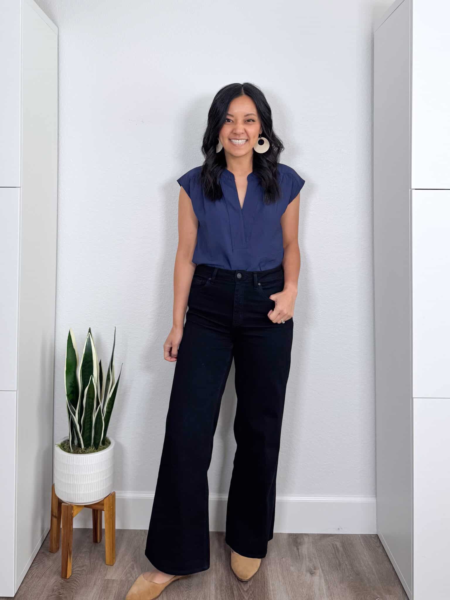 Elevated Casual Spring Tops That Make Getting Dressed Easier + elevated casual spring tops + putting me together + lightweight navy blouse + comfortable black wide leg jeans + tan flats