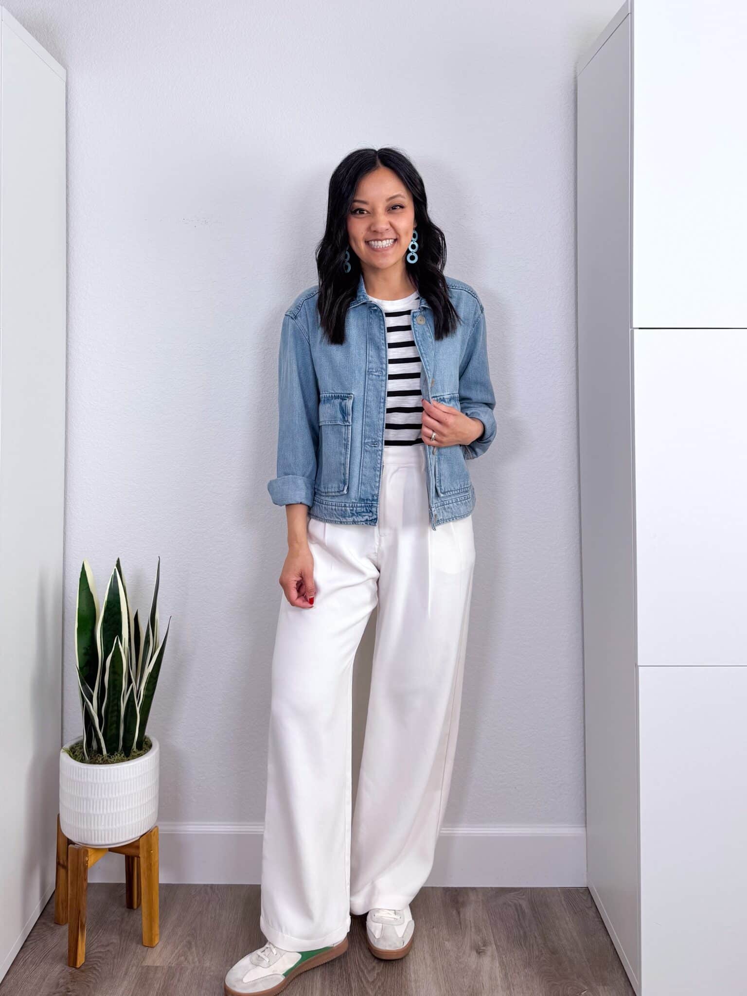 My BEST Pants Recommendations for Spring & Summer + best pants for spring & summer + My BEST Pants for Spring & Summer That You'll Want to Live In + putting me together + versatile black and white striped shirt + stylish denim jacket + easy to wear comfortable white pants + white and green sneakers + lightweight teal earrings