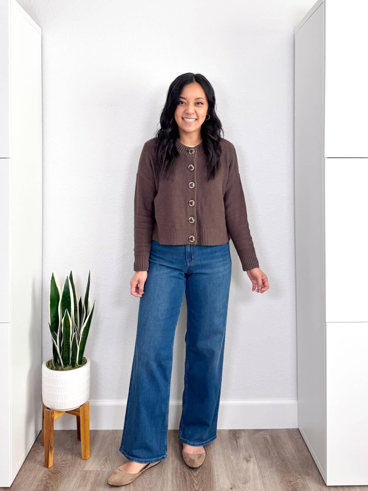 My BEST Pants Recommendations for Spring & Summer + best pants for spring & summer + My BEST Pants for Spring & Summer That You'll Want to Live In + putting me together + soft brown button up cardigan sweater + medium wash comfortable wide leg jeans + tan flats + gold hoop earrings