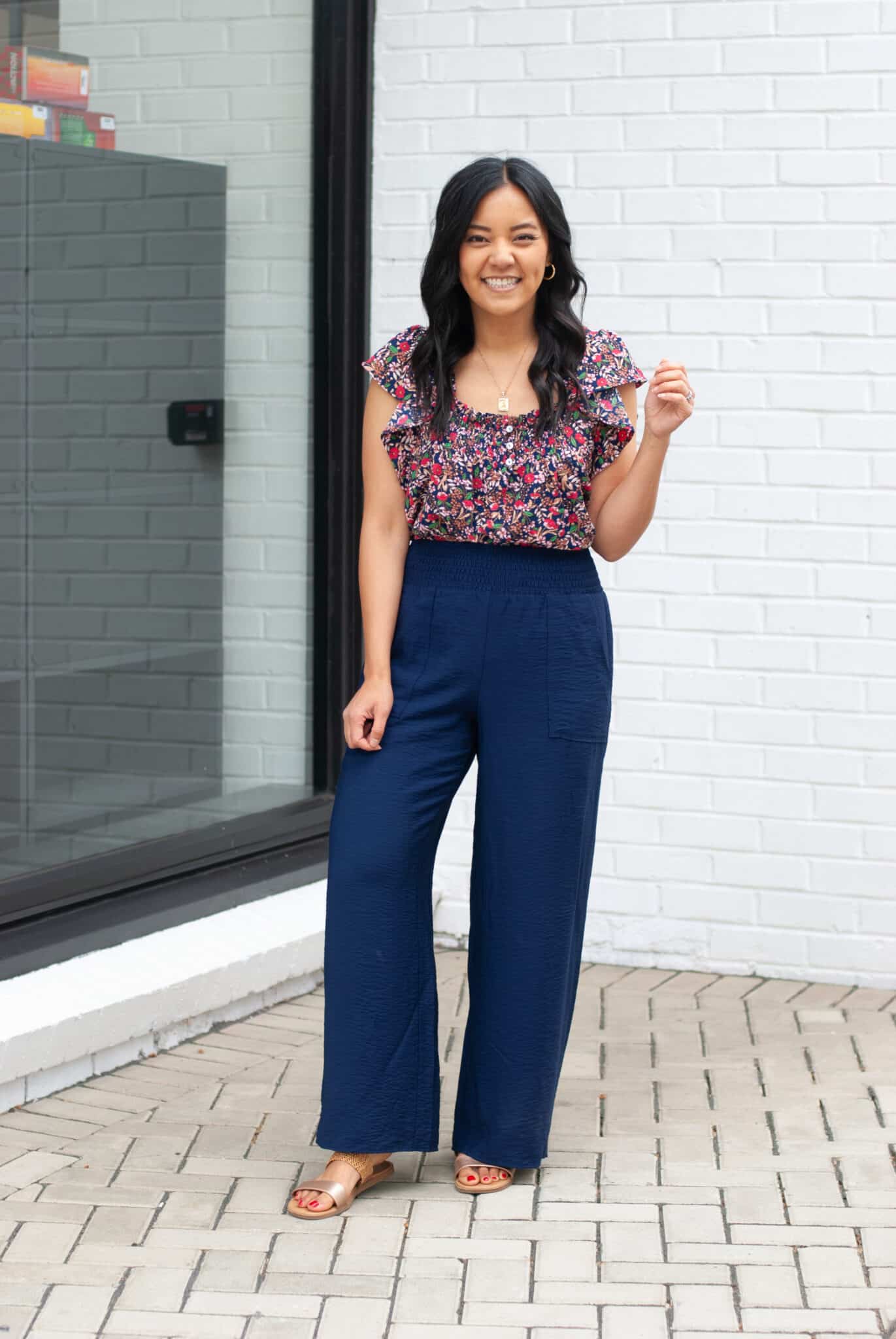 My BEST Pants Recommendations for Spring & Summer + best pants for spring & summer + My BEST Pants for Spring & Summer That You'll Want to Live In + putting me together + flowered top + soft and lightweight summer pants + gold metallic sandals + gold earrings