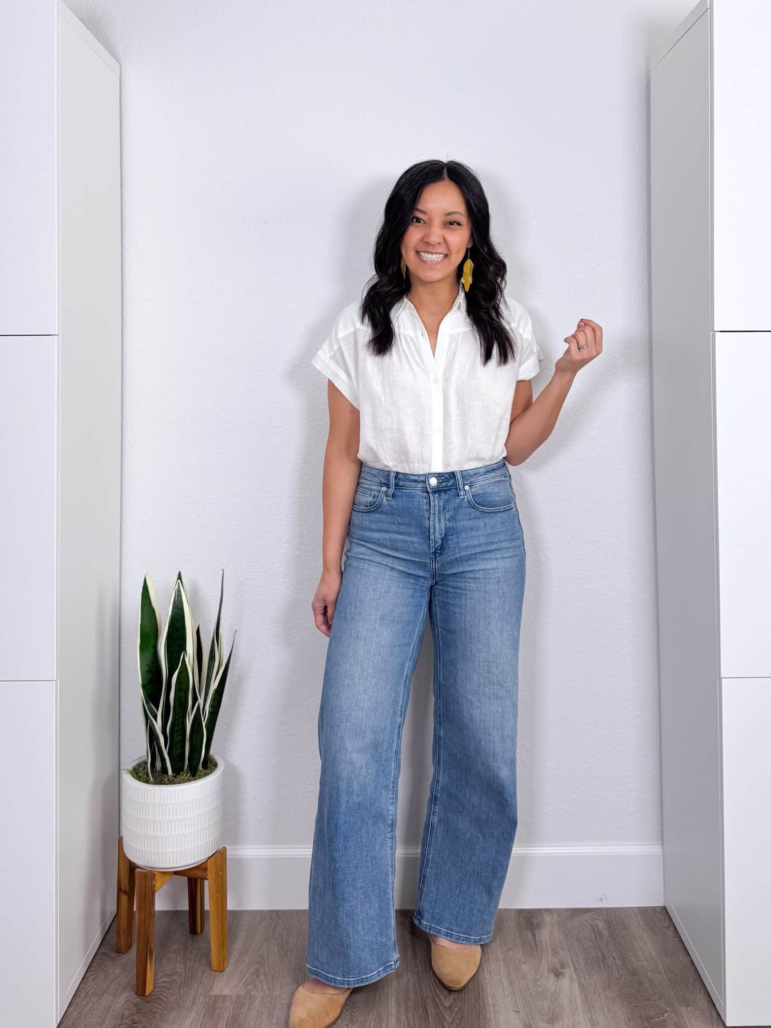 Elevated Casual Spring Tops That Make Getting Dressed Easier + elevated casual spring tops + putting me together + lightweight white button up shirt + easy to wear wide leg jeans + tan flats