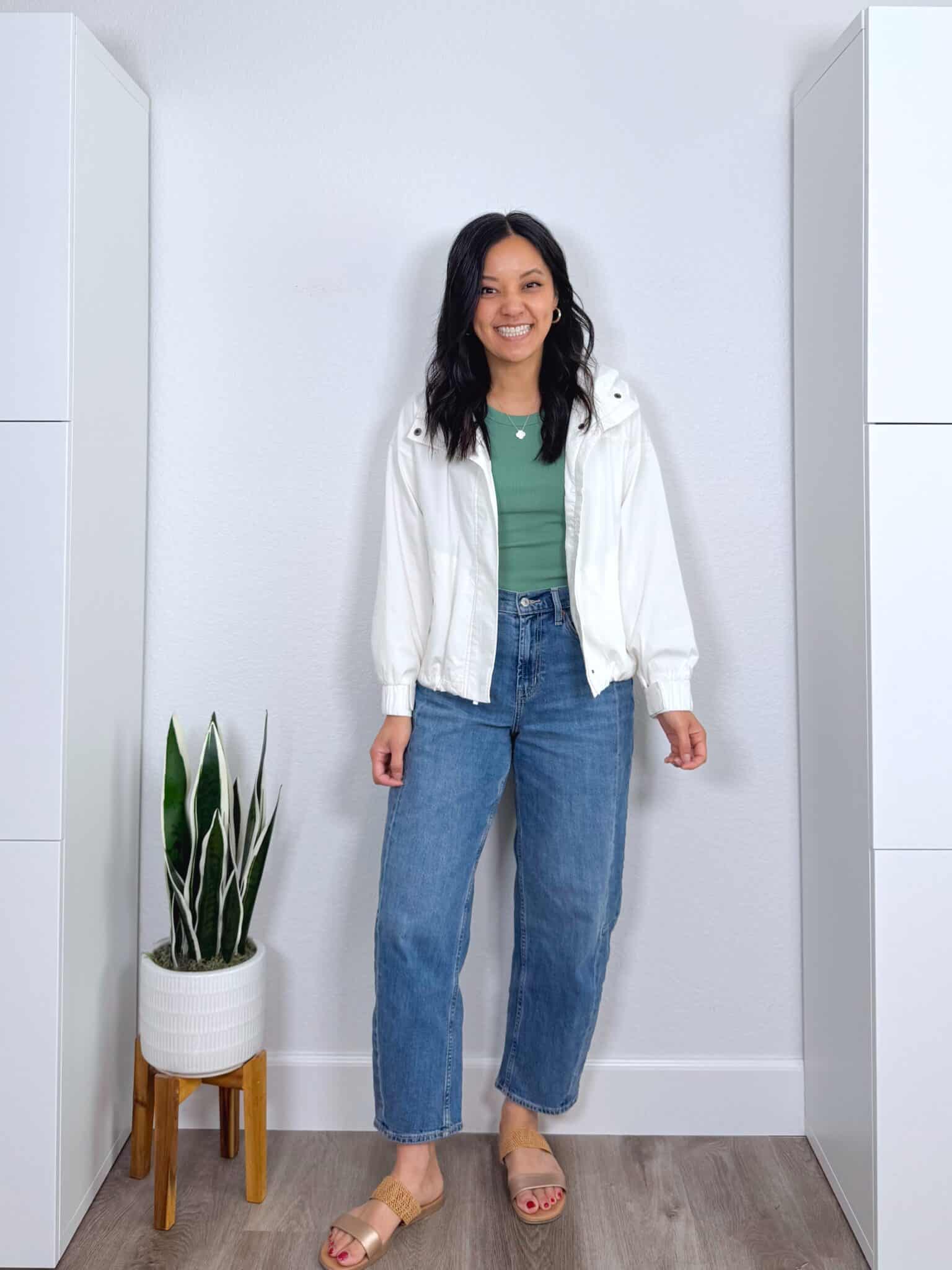 The Best Memorial Day Sale Finds For Easy Summer Outfits + putting me together + memorial day sales + versatile green tank top + comfortable barrel leg jeans + lightweight white jacket + metallic gold sandals