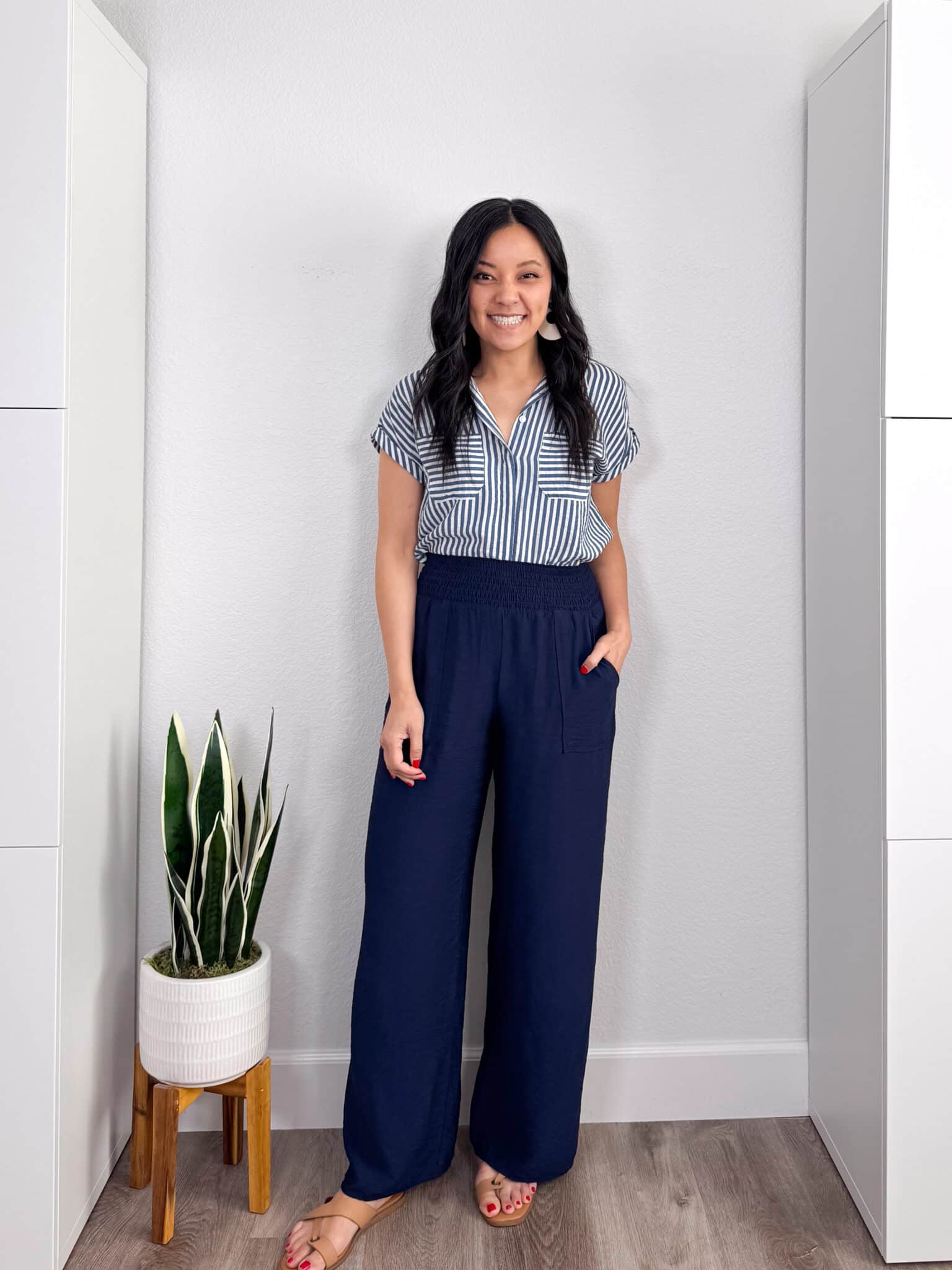 The Best Summer Trends for 2026 That Are Actually Wearable + putting me together + summer trends 2026 + striped button up blouse + lightweight navy pants for summer + comfortable tan sandals