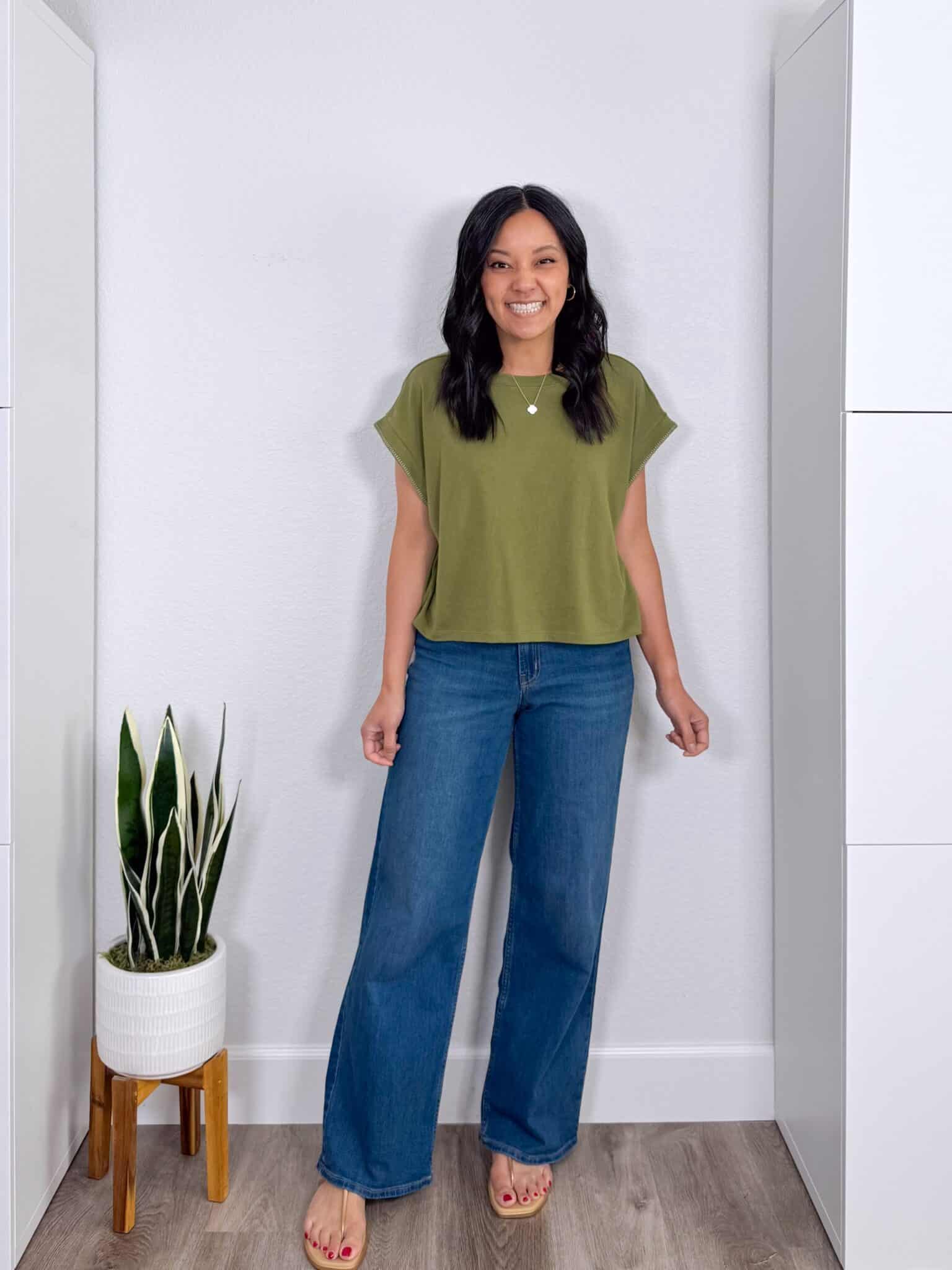 The Best Memorial Day Sale Finds For Easy Summer Outfits + putting me together + memorial day sales + green top + comfortable wide leg jeans + comfortable gold sandals
