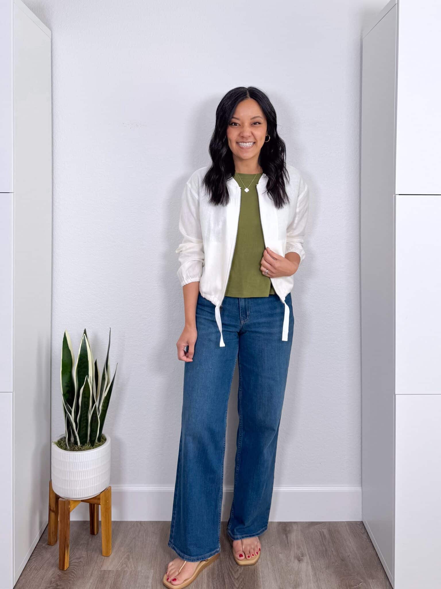The Best Memorial Day Sale Finds For Easy Summer Outfits + putting me together + memorial day sales + olive green t shirt + comfortable wide leg jeans + lightweight white bomber jacket + comfortable gold metallic sandals
