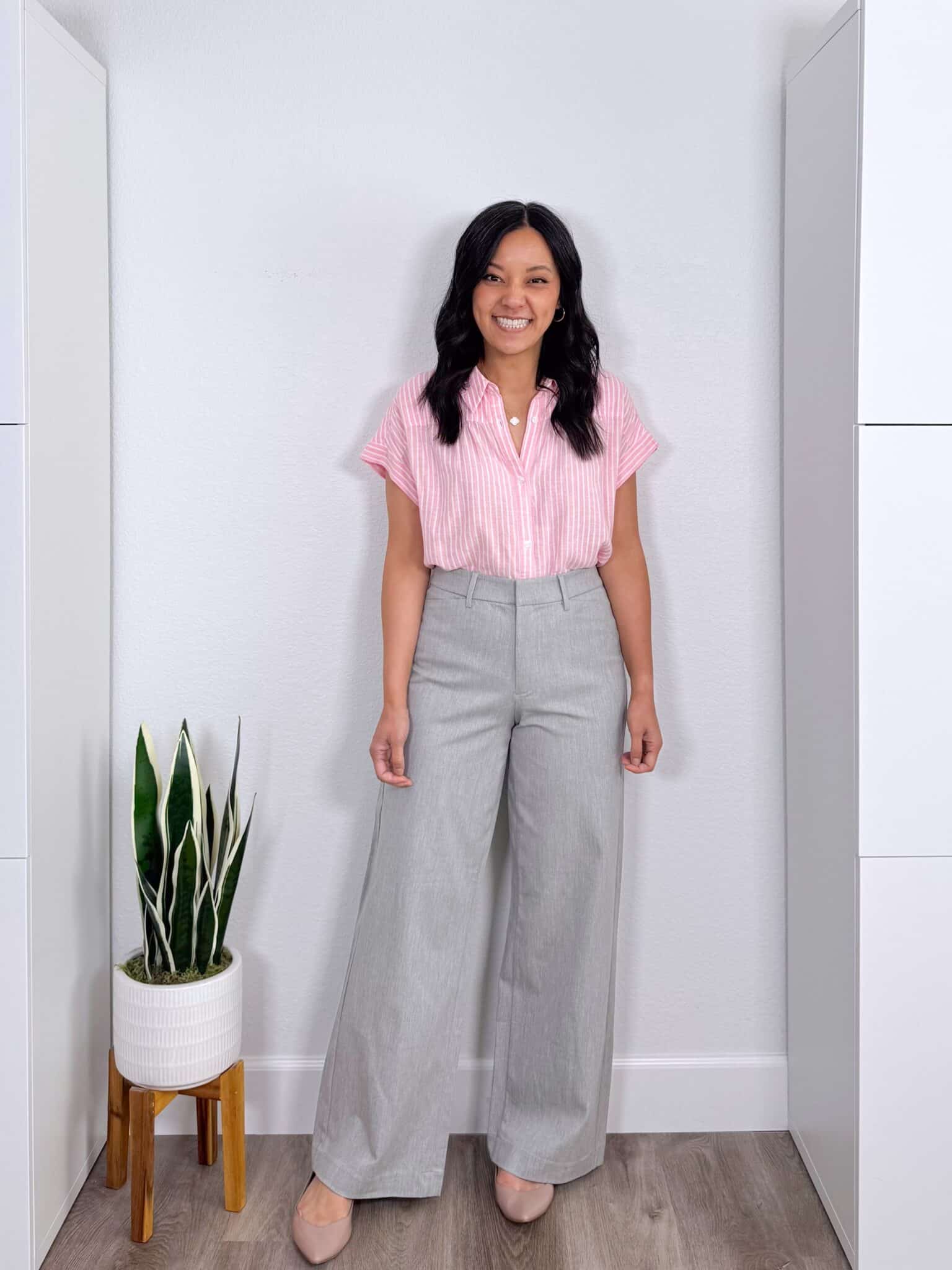 Early Summer Outfit Formulas + 50% Off Old Navy + early summer outfit formulas + putting me together + lightweight pink striped blouse + comfortable gray work pants + flats