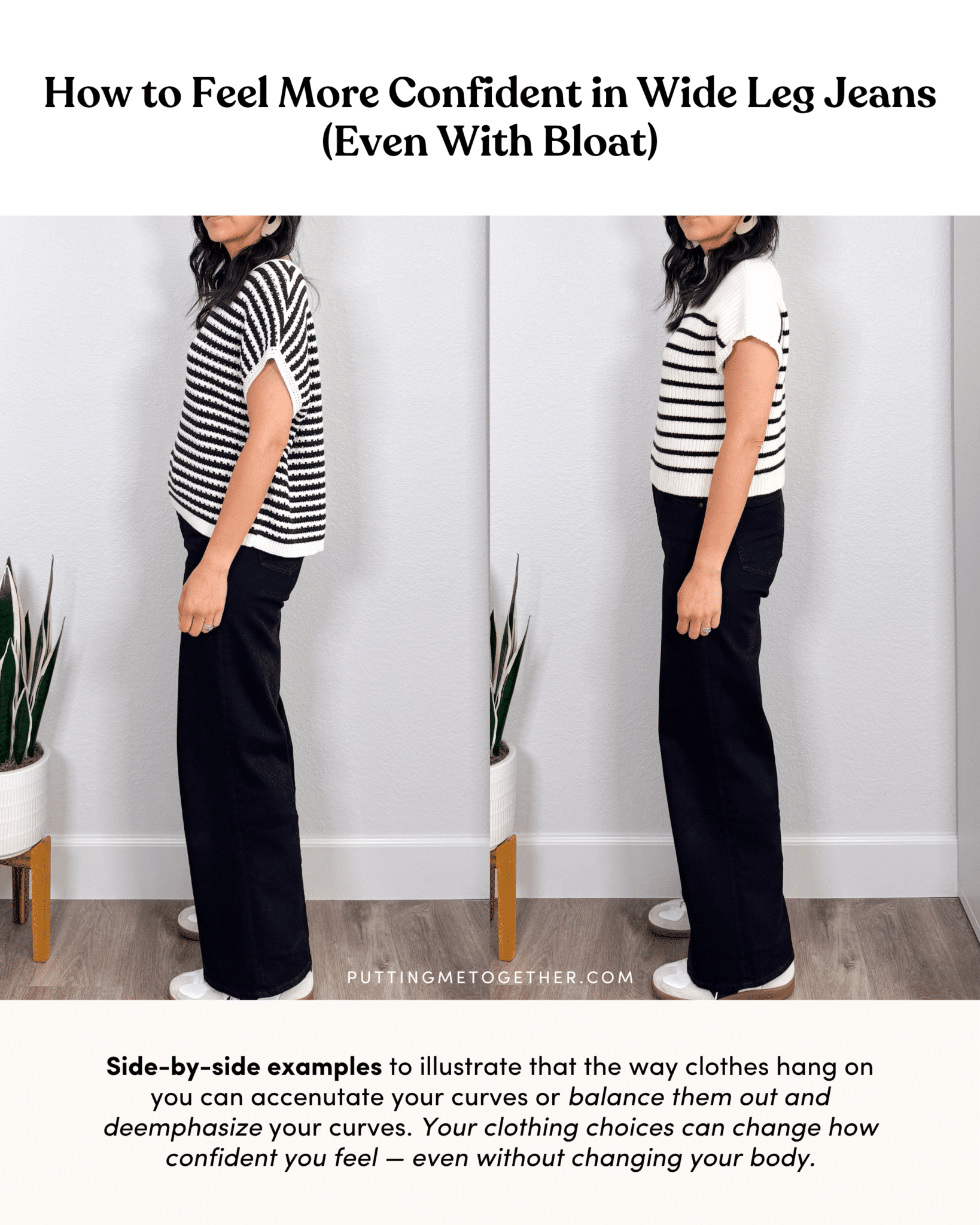 How to Wear Wide Leg Jeans Without Highlighting the Bloat + wear wide leg jeans without highlighting the bloat + putting me together + short sleeve black and white striped sweater + comfortable black wide leg jeans + white and black lifestyle sneakers