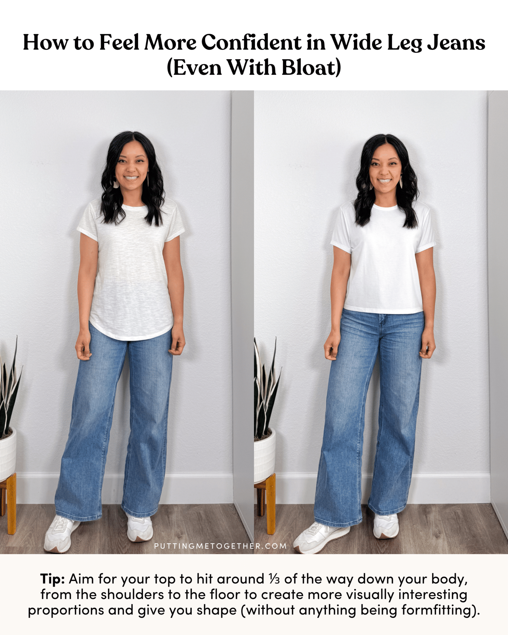 How to Wear Wide Leg Jeans Without Highlighting the Bloat + wear wide leg jeans without highlighting the bloat + putting me together + white t-shirt + comfortable wide leg jeans + white sneakers