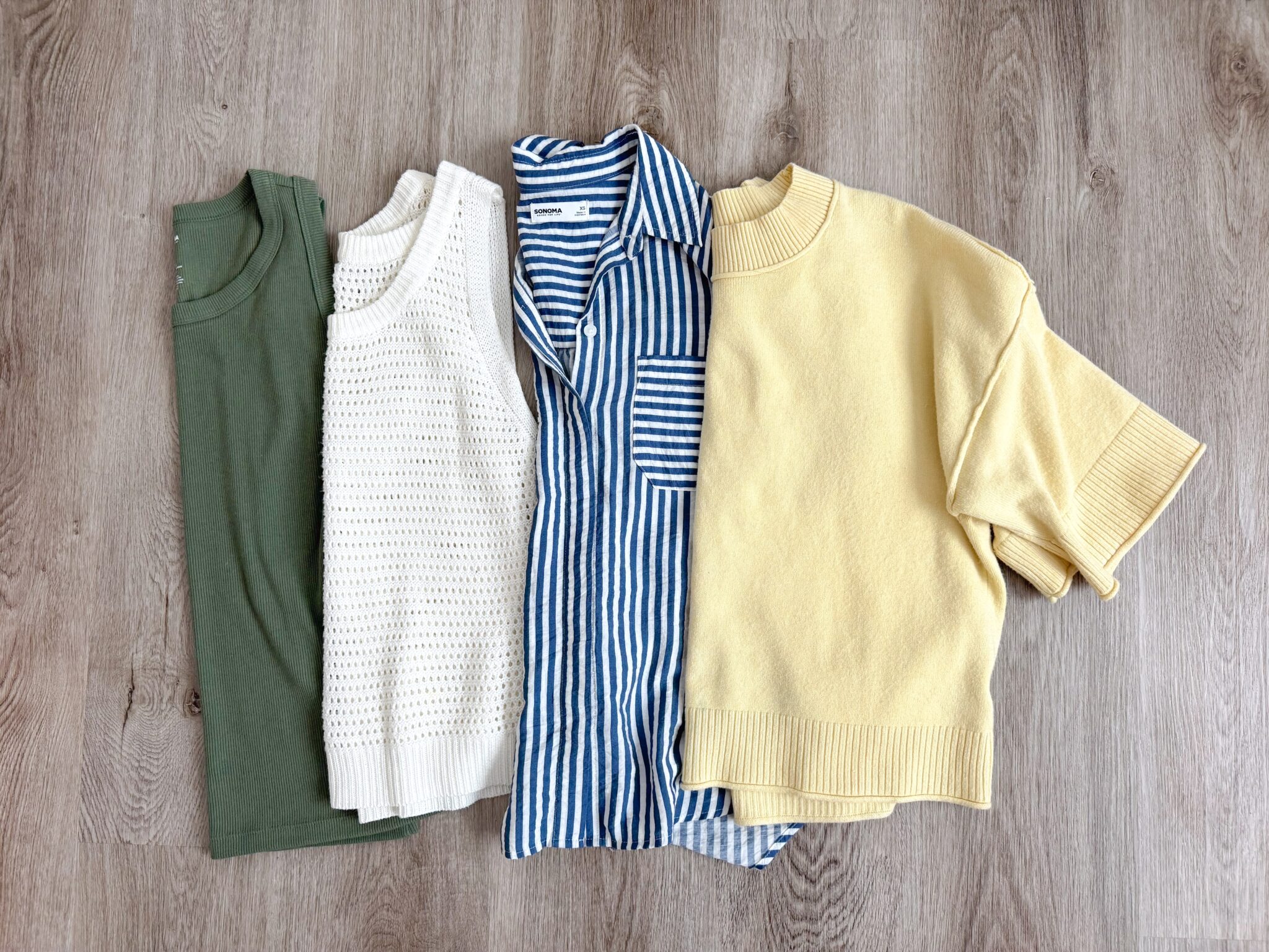 How to Pack for a Trip Without Overpacking (A Simple System That Actually Works) + how to pack for a trip + putting me together + green ribbed tank top + open weave pointelle sleeveless white sweater tank top + white and blue button up shirt + easy to wear butter yellow short sleeve sweater