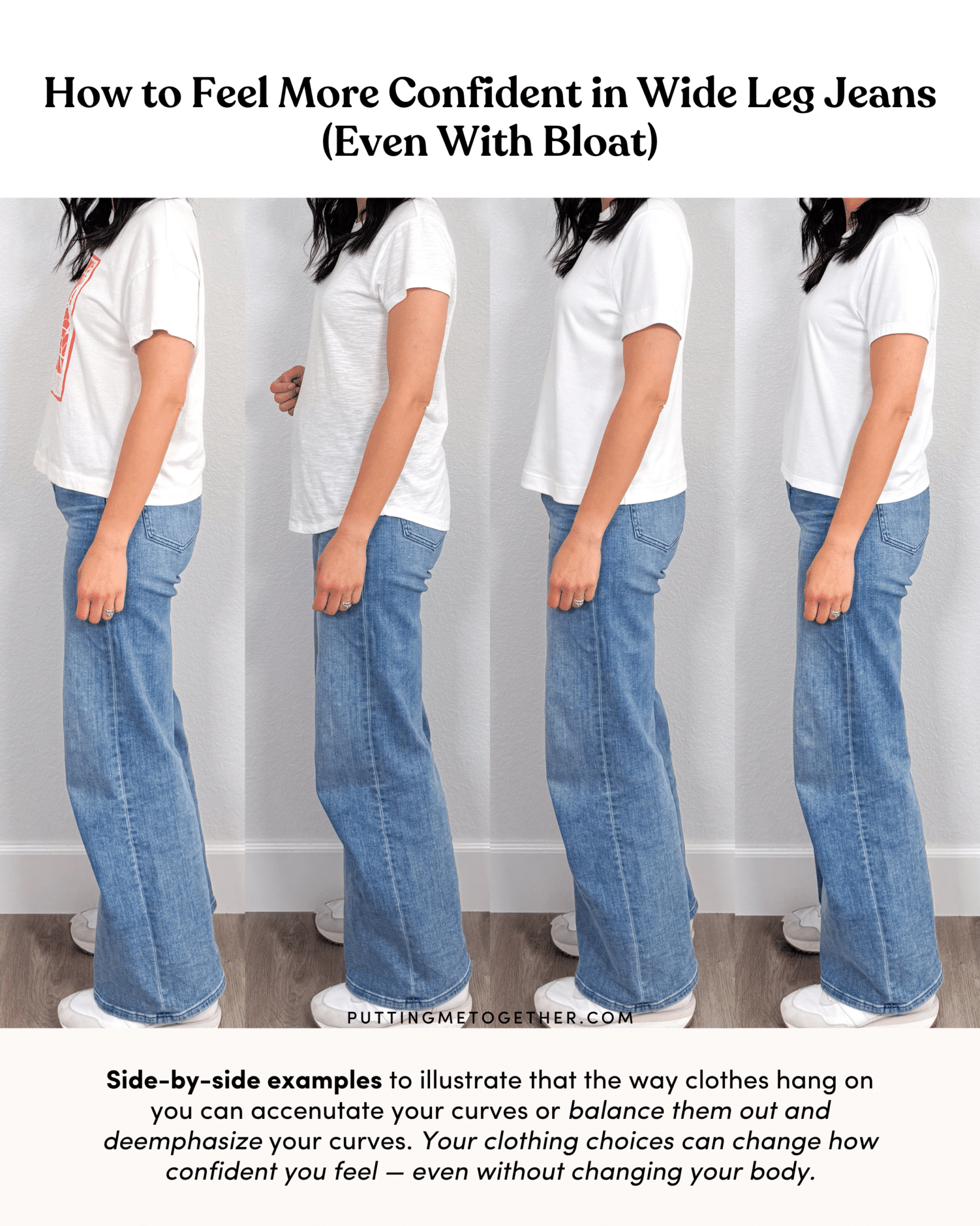 How to Wear Wide Leg Jeans Without Highlighting the Bloat + wear wide leg jeans without highlighting the bloat + putting me together + flattering wide leg jeans + white tee + white sneakers