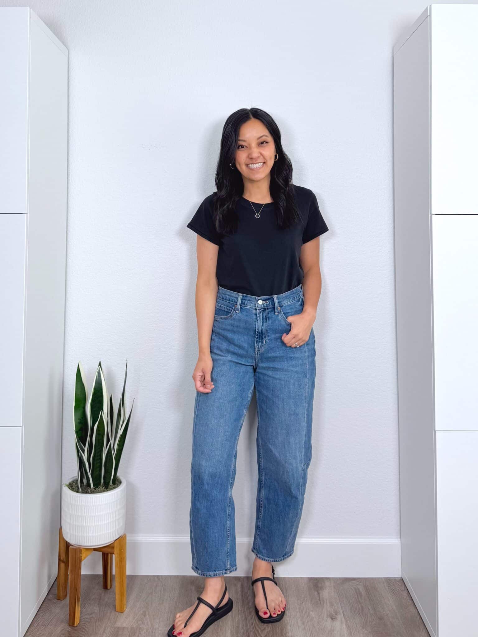 The Best Memorial Day Sale Finds For Easy Summer Outfits + putting me together + memorial day sales + favorite black t shirt + comfortable barrel leg jeans + black sandals + black electric picks necklace