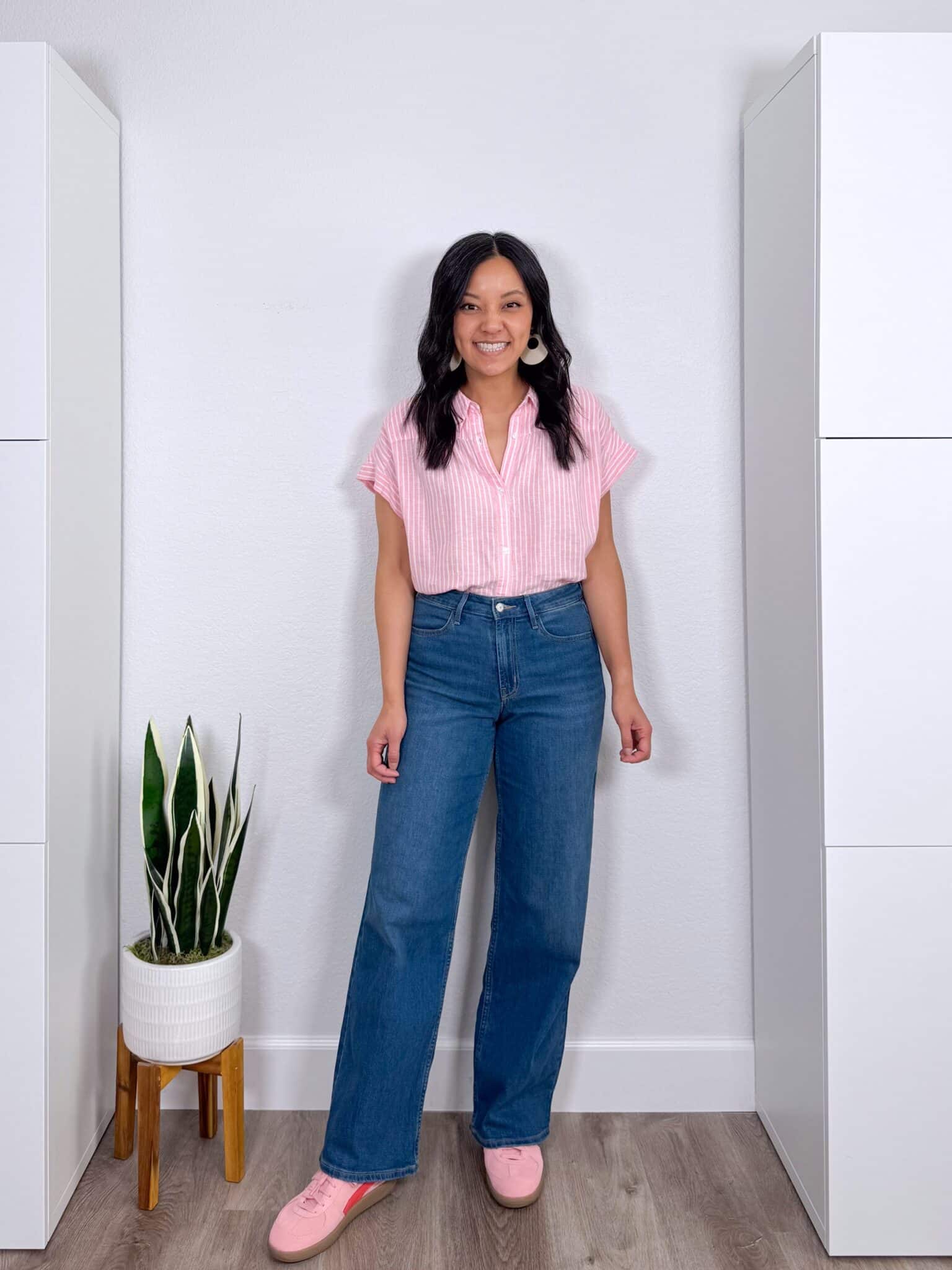 The Best Memorial Day Sale Finds For Easy Summer Outfits + putting me together + memorial day sales + cute pink and white striped blouse + comfortable wide leg jeans + pink sneakers