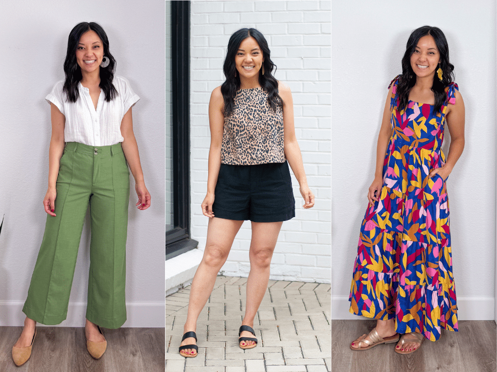 6 Reasons Why Getting Dressed in the Summer Feels Harder Than Any Other Season + why getting dressed in summer feels harder + putting me together + breathable white gauze shirt + green cropped pants + tan flats + leopard print top + tailored black shorts + black sandals + easy to wear multicolored maxi sundress + gold metallic sandals