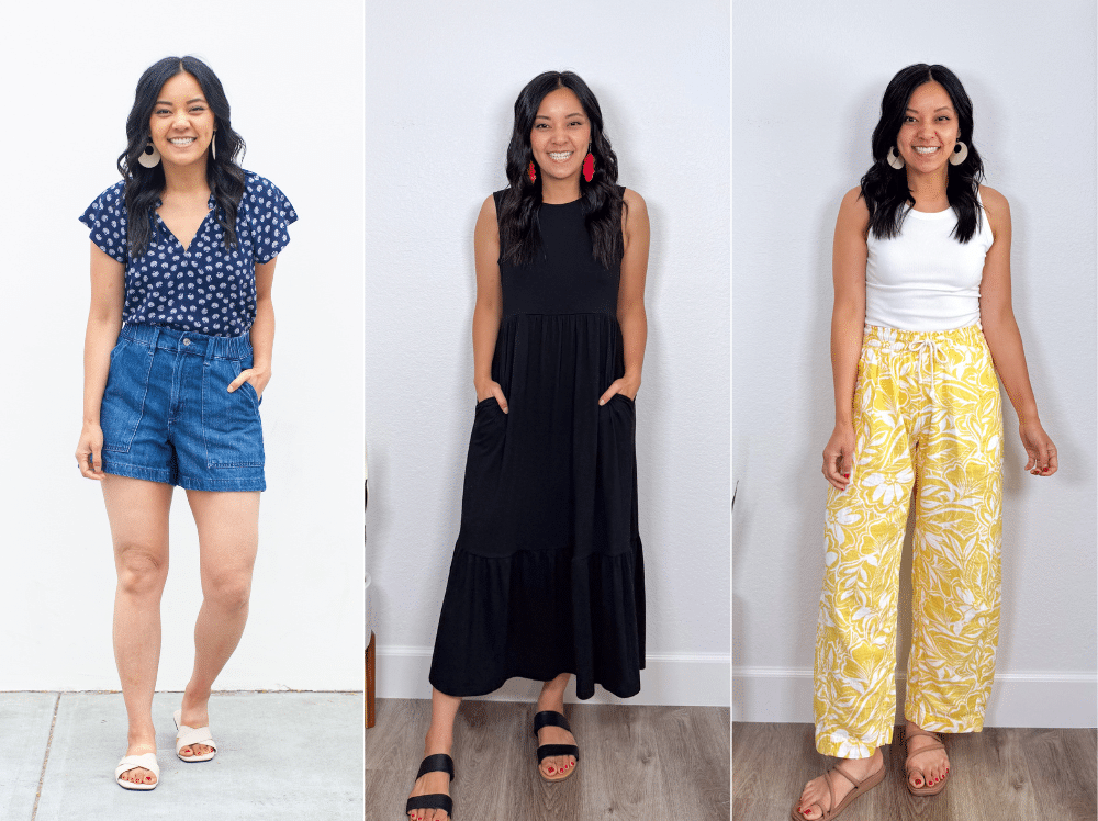 6 Reasons Why Getting Dressed in the Summer Feels Harder Than Any Other Season + why getting dressed in summer feels harder + putting me together + lightweight navy and white top + versatile denim shorts + white sandals + comfortable black maxi dress for summer + black sandals + white tank top + white and yellow linen blend pants + comfortable tan sandals