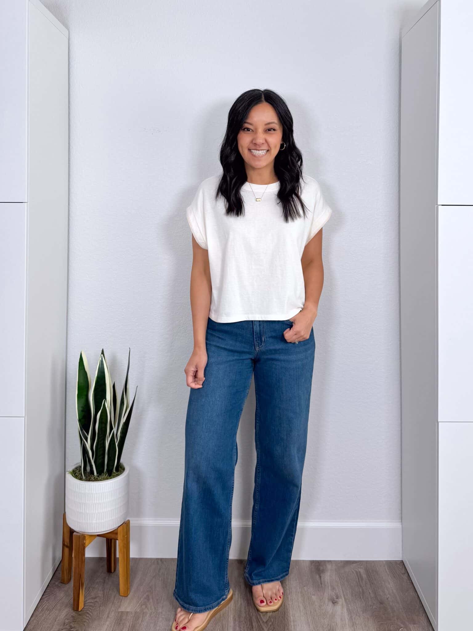 The Best Memorial Day Sale Finds For Easy Summer Outfits + putting me together + memorial day sales + white dolman sleeve t shirt + comfortable wide leg jeans + gold sandals + everyday gold necklace