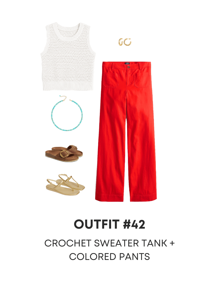 easy casual summer outfits + Three Casual Summer Outfits for 2026 to Copy Right Now From the NEW Summer Wardrobe & Outfit Guide + putting me together +white crochet tank top + red pants + turquoise necklace + gold hoop earrings + gold metallic sandals + brown birkenstock big buckle sandals