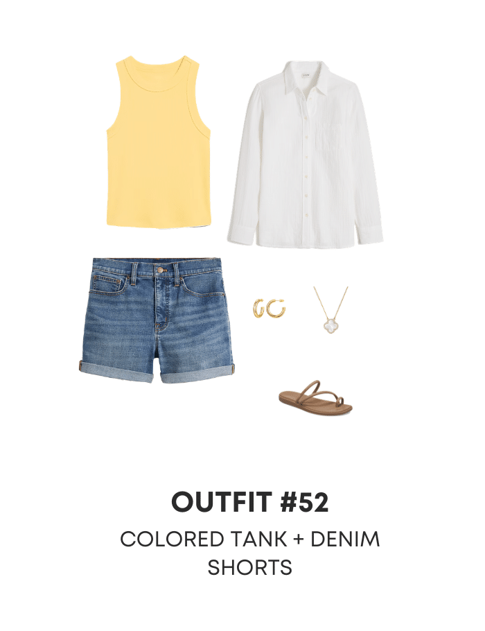 easy casual summer outfits + Three Casual Summer Outfits for 2026 to Copy Right Now From the NEW Summer Wardrobe & Outfit Guide + putting me together + colored tank top + denim shorts + white gauze shirt + tan sandals + everyday necklace + affordable gold hoop earrings