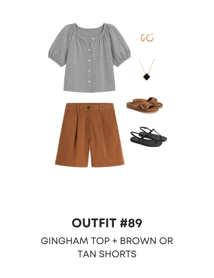 easy casual summer outfits + Three Casual Summer Outfits for 2026 to Copy Right Now From the NEW Summer Wardrobe & Outfit Guide + putting me together + black and white gingham shirt + longer inseam tan summer shorts + black sandals + tan sandals + black necklace + gold hoop earrings