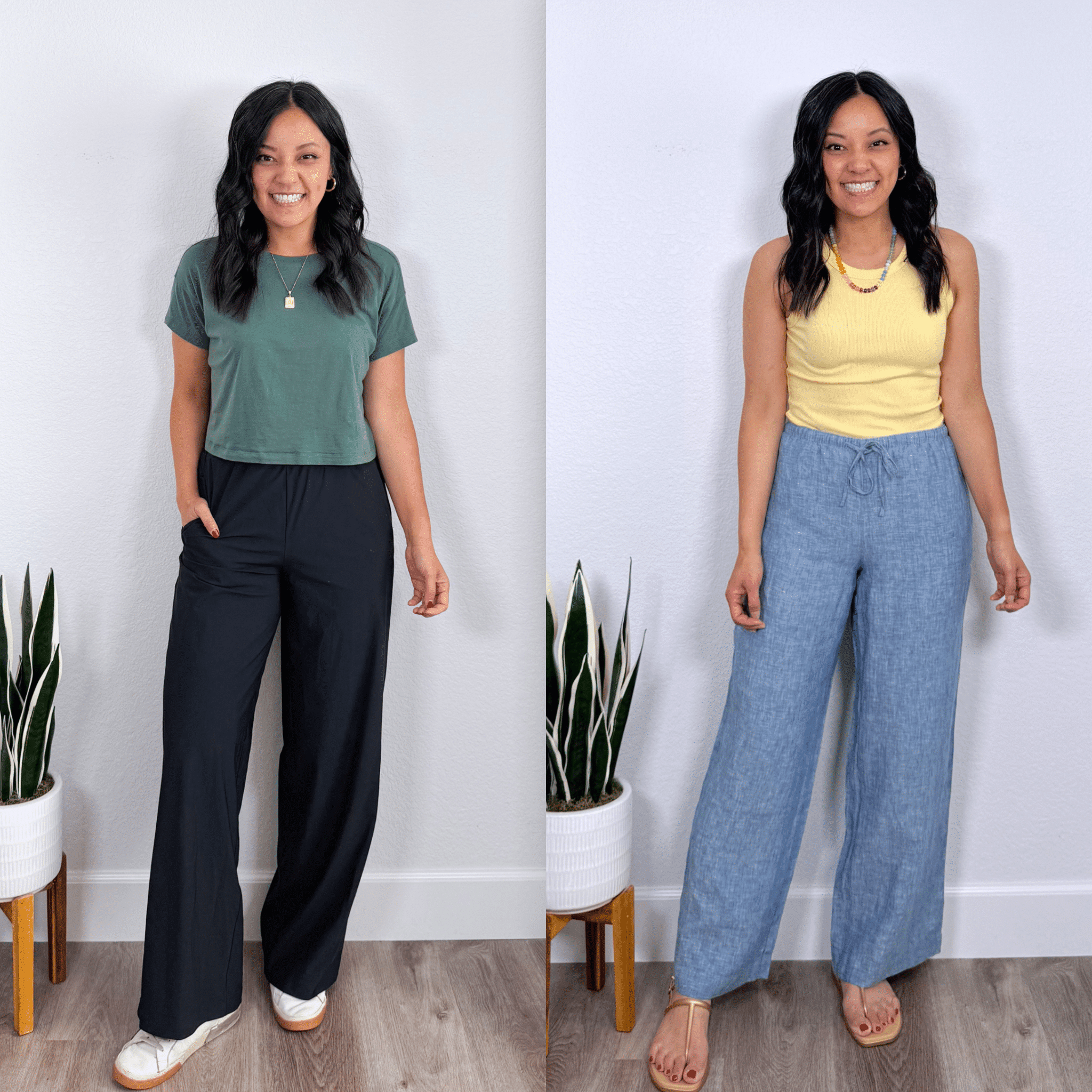 amazon prime day deals + 15 Amazon Prime Day Fashion Deals + 15 Helpful Everyday Items You Need to Check Out + putting me together + green workout t shirt + comfortable black athleisure pants + white sneakers + yellow tank top + comfortable denim chambray pants + colorful beaded necklace + comfortable gold metallic sandals