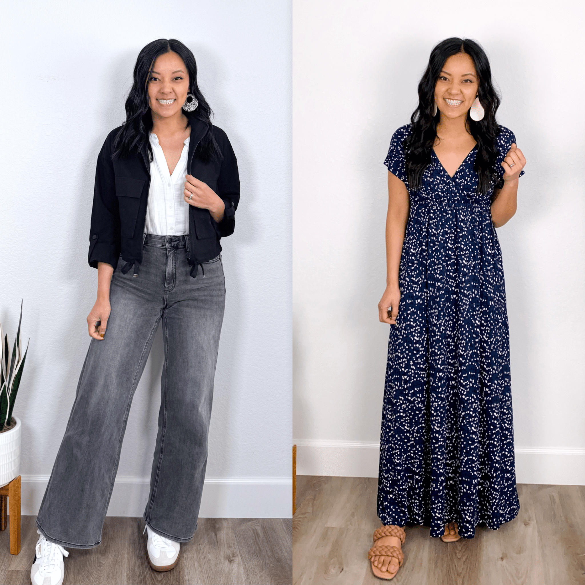 amazon prime day deals + 15 Amazon Prime Day Fashion Deals + 15 Helpful Everyday Items You Need to Check Out + putting me together + white gauze popover top + black utility jacket + washed black wide leg jeans + white and black sneakers + flattering navy and white maxi dress + tan sandals