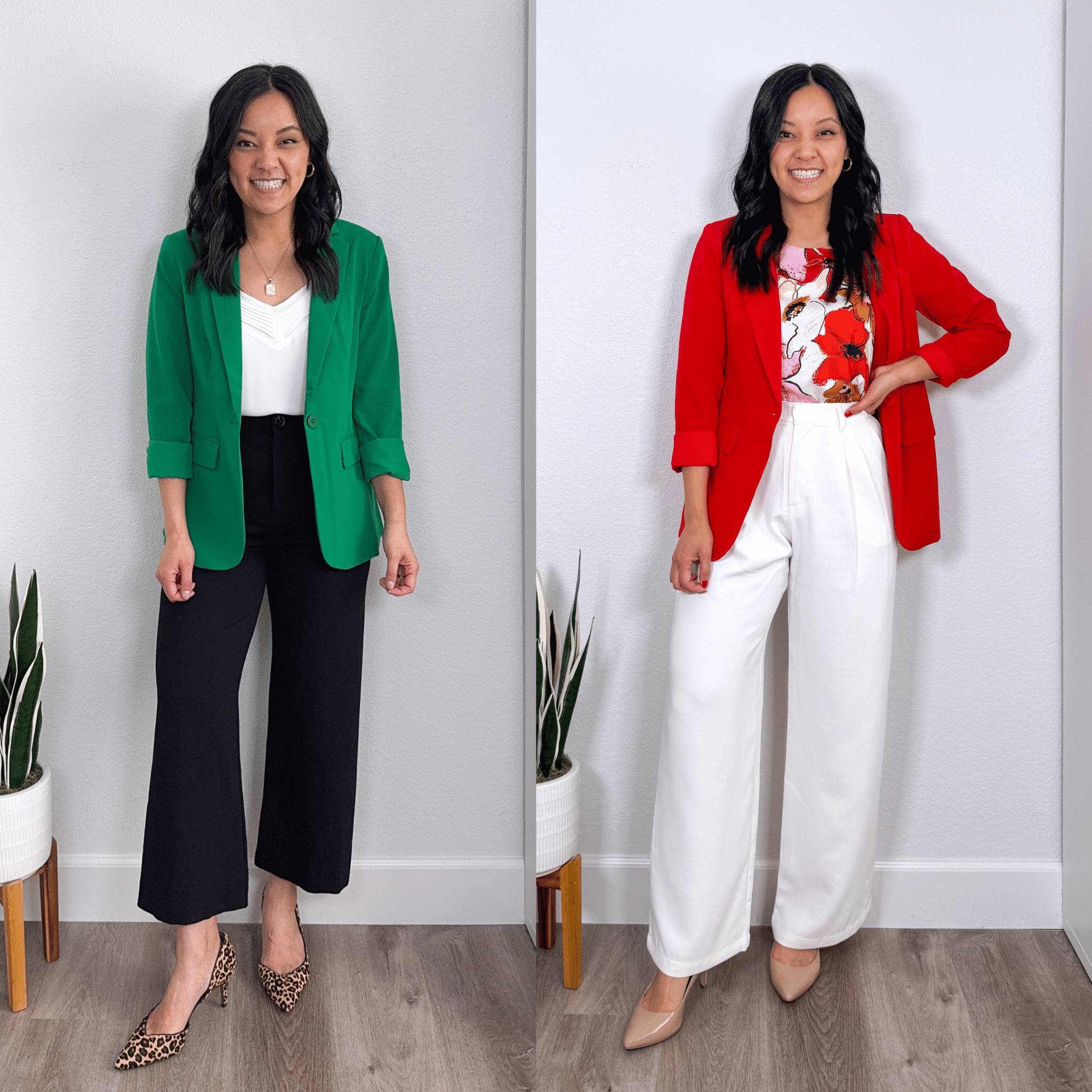 amazon prime day deals + 15 Amazon Prime Day Fashion Deals + 15 Helpful Everyday Items You Need to Check Out + putting me together + white shell + comfortable black pants for work + easy to wear green blazer + leopard heels + white pink red top + easy to wear red blazer + white trousers + nude heels