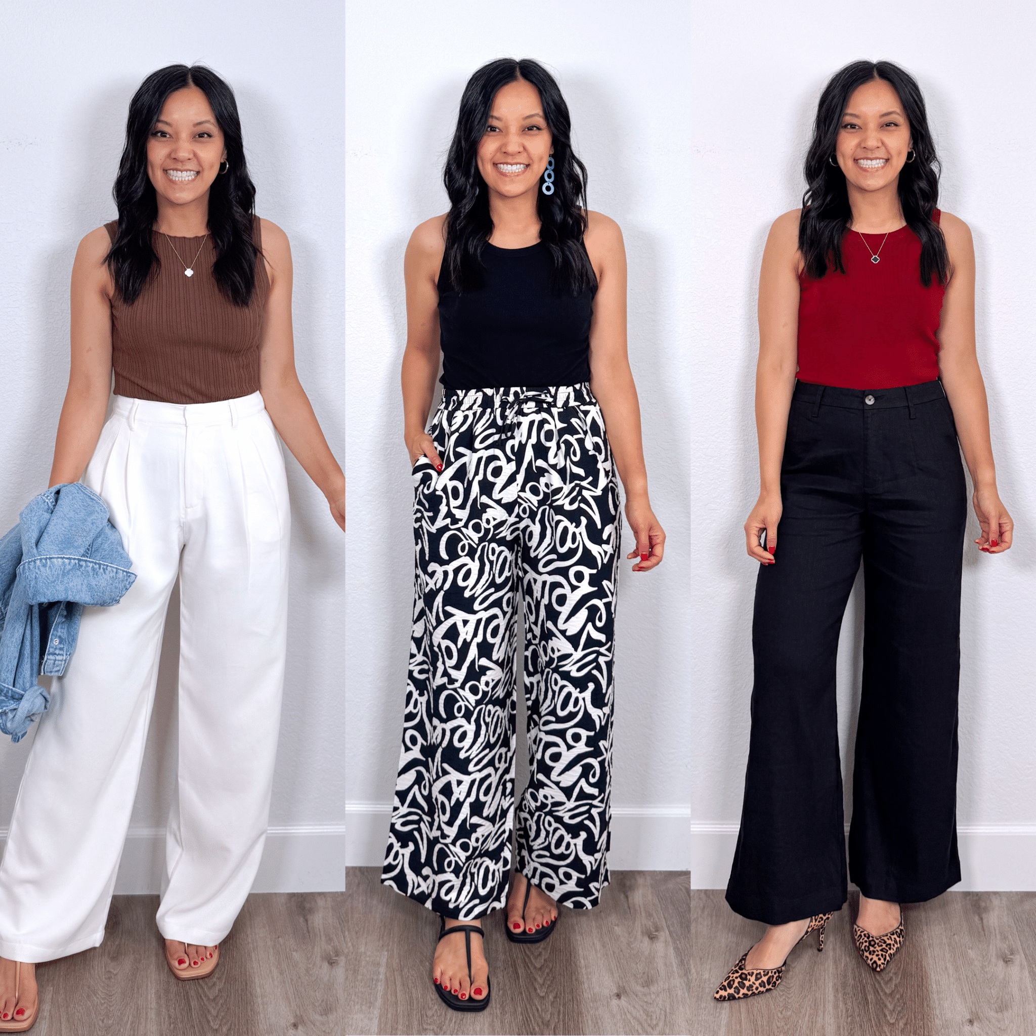 What's In My Cart for Prime Day, New Recent Finds, and Useful Items for Real Life + in my cart for prime day + putting me together + elevated brown tank top + comfortable white pants for work + leopard print heels + versatile black tank top + lightweight black and white printed pants for summer + water friendly black sandals + red sleeveless sweater + comfortable black pants + leopard print heels