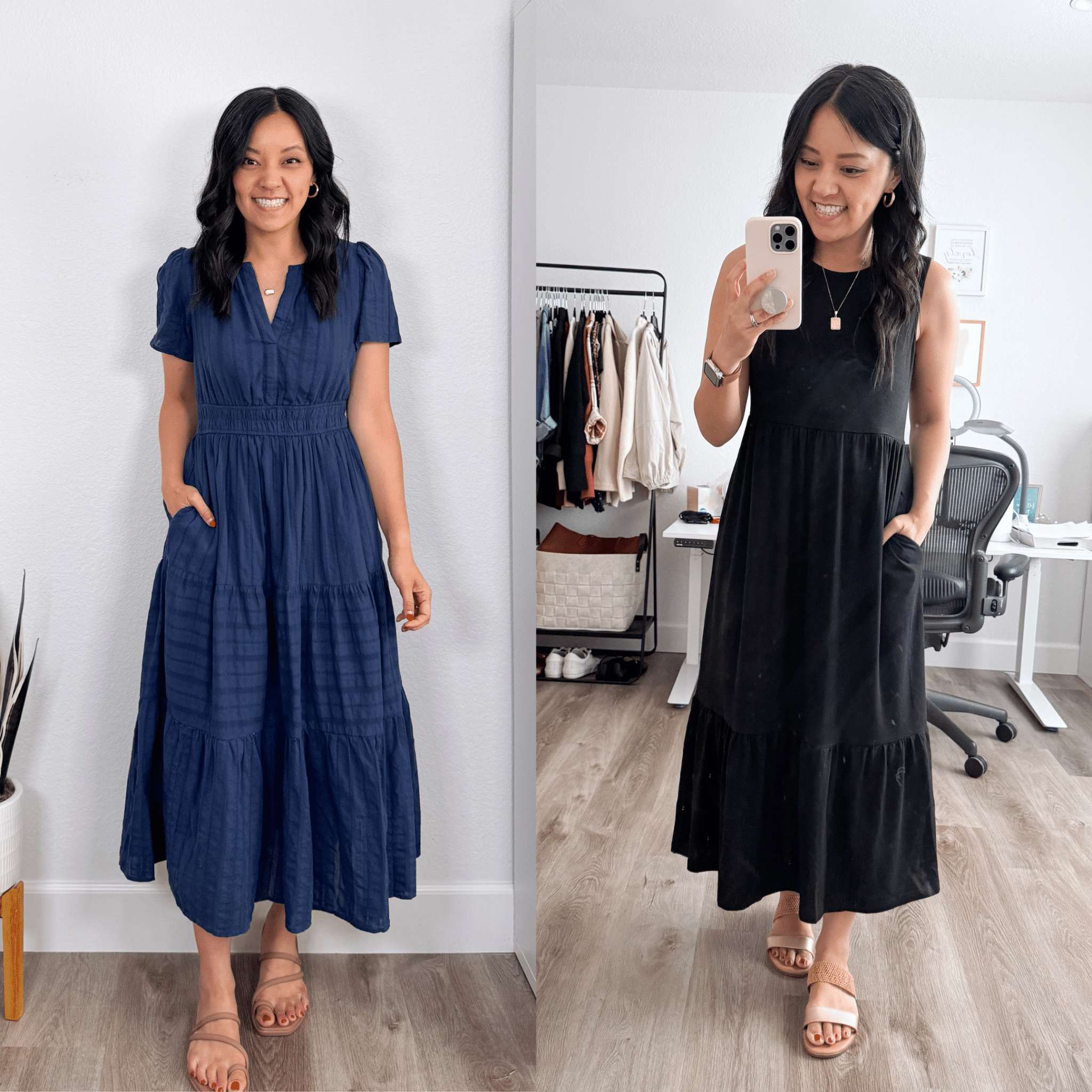 amazon prime day deals + 15 Amazon Prime Day Fashion Deals + 15 Helpful Everyday Items You Need to Check Out + putting me together + navy blue eyelet dress + comfortable water friendly tan sandals + easy to wear sleeveless black dress + metallic sandals