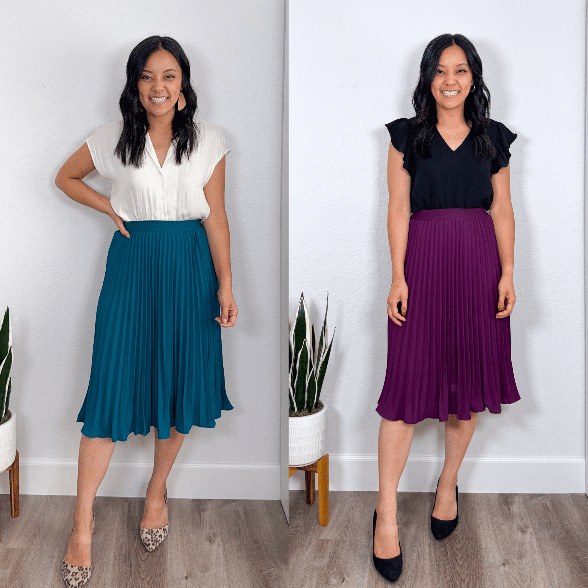 amazon prime day deals + 15 Amazon Prime Day Fashion Deals + 15 Helpful Everyday Items You Need to Check Out + putting me together + white blouse + pretty teal pleated skirt + leopard print heels + black flutter sleeve top + purple pleated skirt + black heels