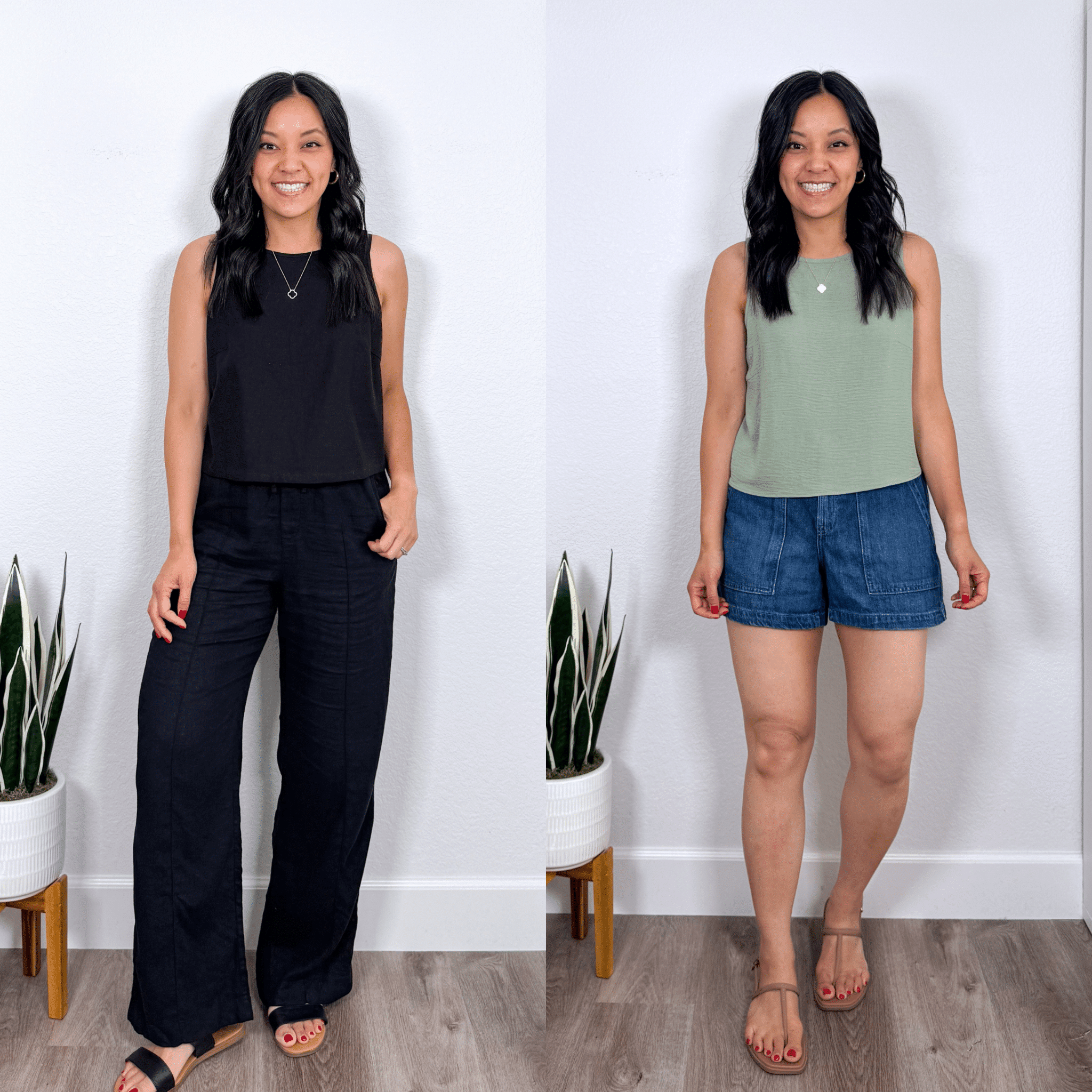 amazon prime day deals + 15 Amazon Prime Day Fashion Deals + 15 Helpful Everyday Items You Need to Check Out + putting me together + black linen tank + black linen pants + black sandals + green linen tank + denim shorts + comfortable water friendly tan sandals