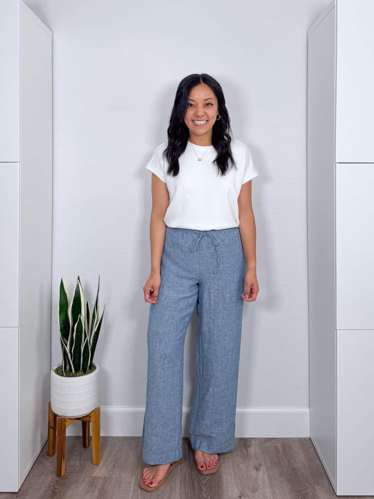 Summer Try-On Haul: Easy Finds from Nordstrom, Amazon, LOFT, and More for Stylish Outfits + summer try-on haul + putting me together + perfect white t shirt + lightweight chambray pants + gold hoop earrings + goes with anything gold necklace + comfortable tan sandals