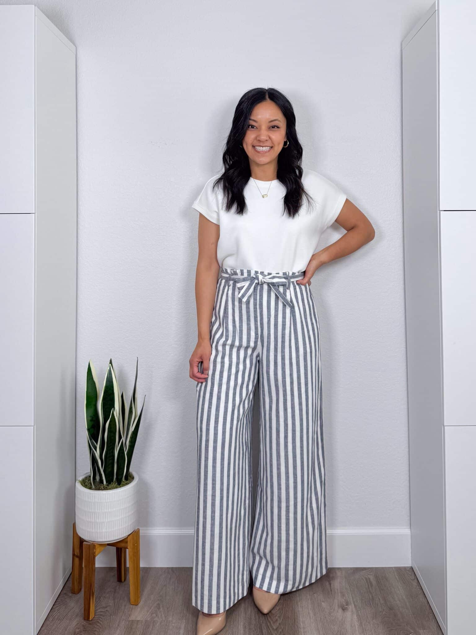 Summer Try-On Haul: Easy Finds from Nordstrom, Amazon, LOFT, and More for Stylish Outfits + summer try-on haul + putting me together + striped pants + easy to wear white t shirt + comfortable gold metallic sandals + gold hoop earrings + everyday gold dakota necklace + nude heels