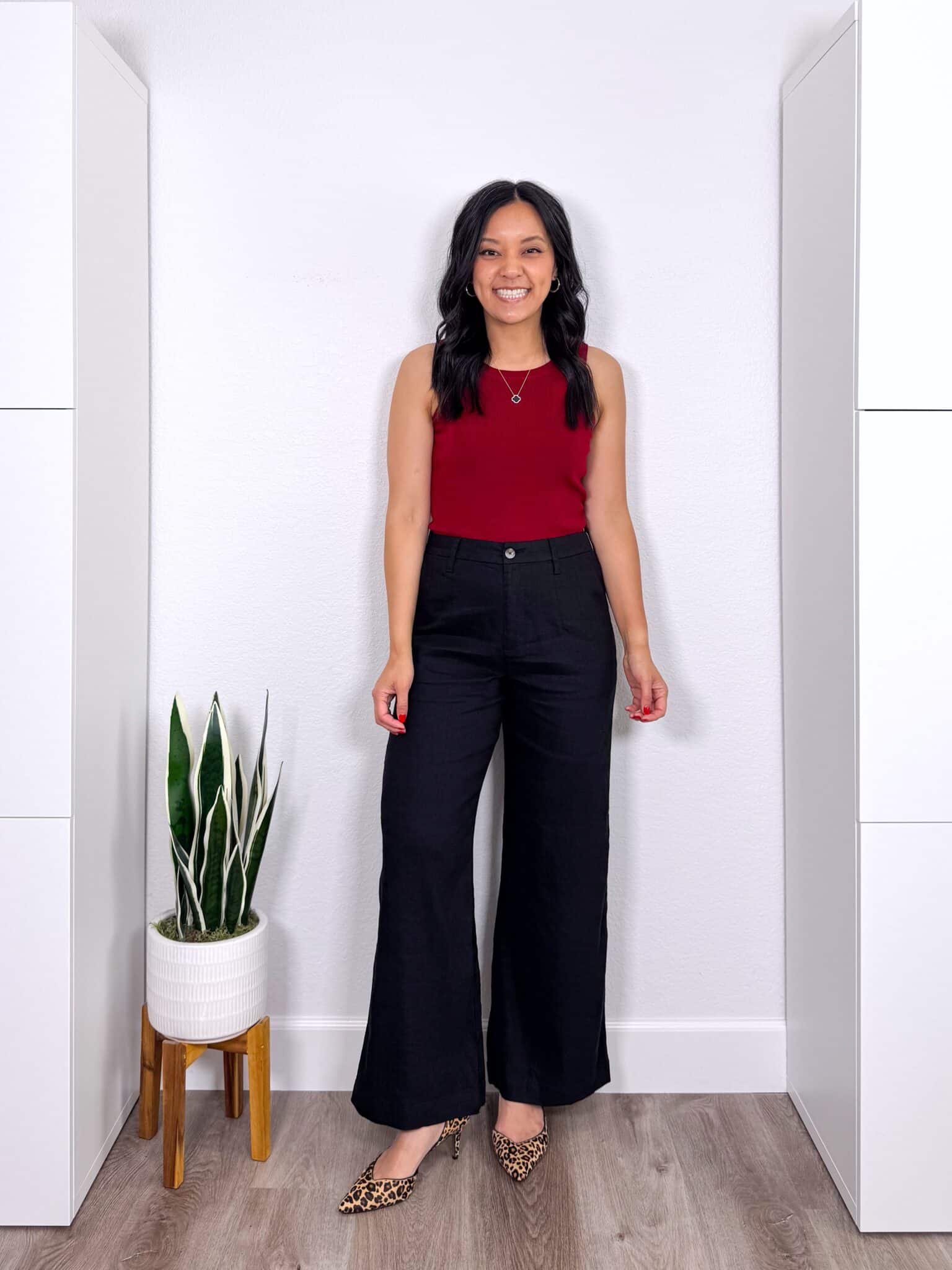 What to Wear With Black Linen Pants: 14 Outfit Ideas for Summer You Can Easily Copy + black linen pants outfit + putting me together + tan top + elevated black wide leg linen pants for work + leopard print heels + gold hoops + white necklace