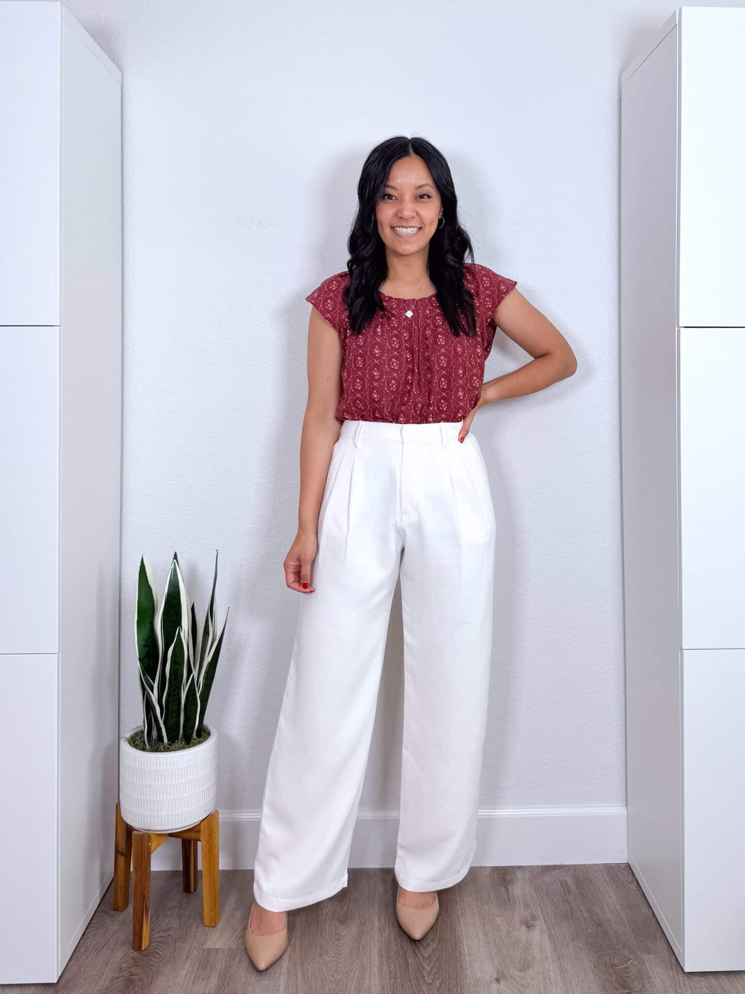 Three Summer Work Outfits to Copy Right Now for 2026 From the New Summer Wardrobe & Outfit Guide + summer work outfits + putting me together + burgundy and white printed top + comfortable white pants + nude heels + white pendant necklace + gold hoop earrings