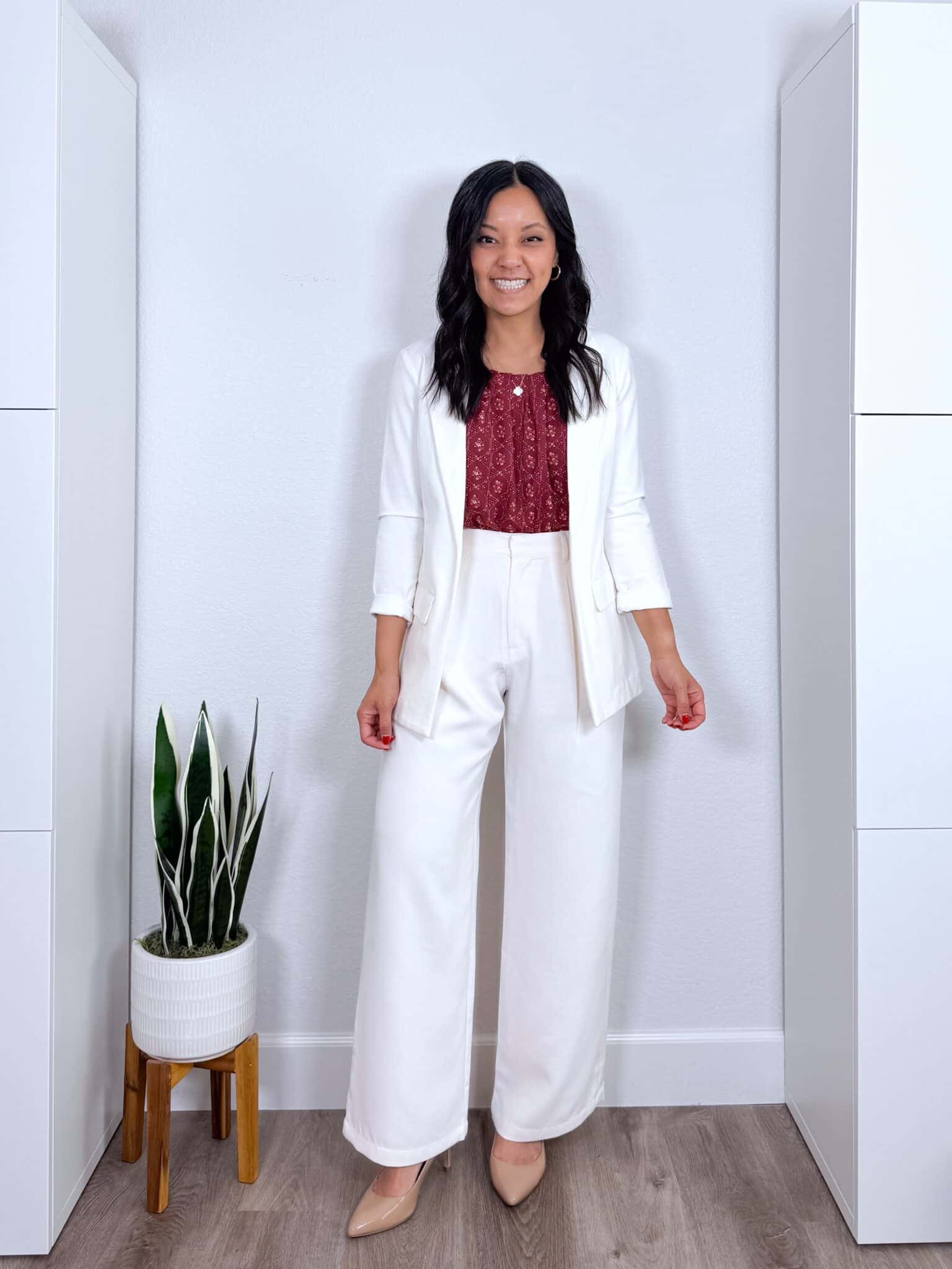 Three Summer Work Outfits to Copy Right Now for 2026 From the New Summer Wardrobe & Outfit Guide + summer work outfits + putting me together + burgundy printed top + comfortable white pants + easy to wear white blazer + nude heels + white pendant necklace + gold hoop earrings